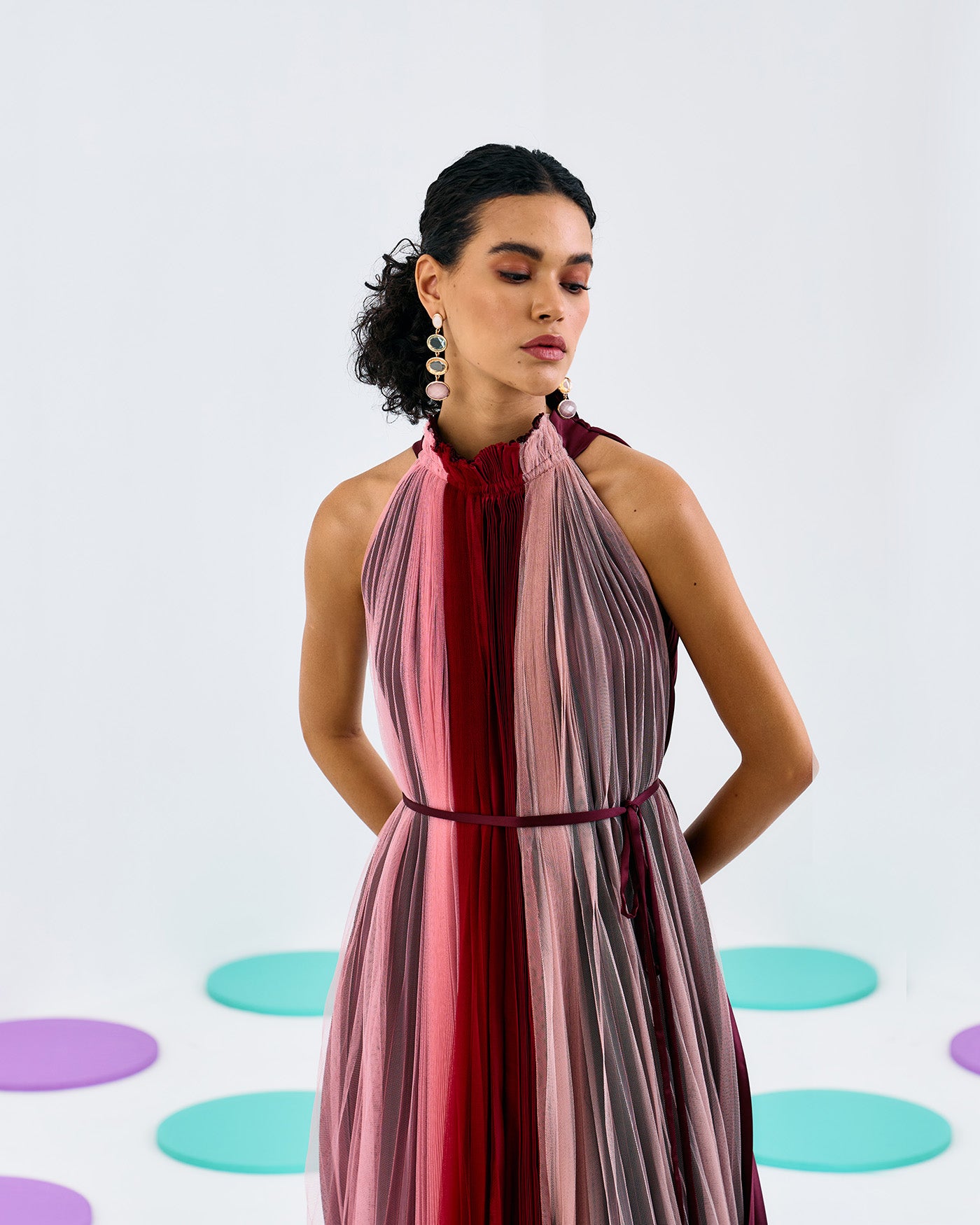 MULTICOLORED SOFTNET CREPE PLEATED DRESS