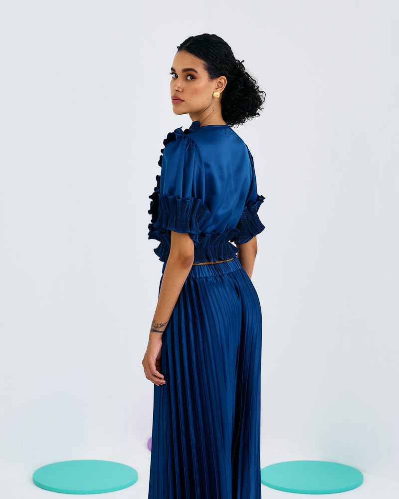 BLUE FRILL PLEATED TOP