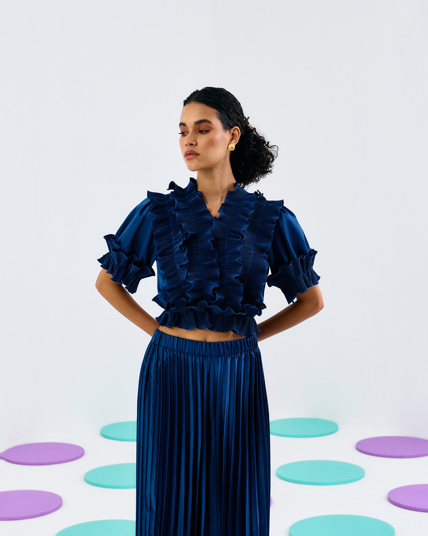 BLUE FRILL PLEATED TOP