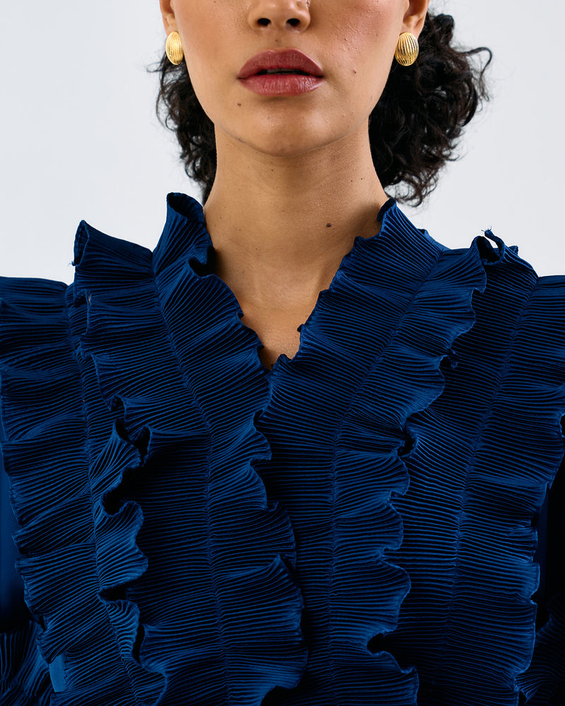 BLUE FRILL PLEATED TOP