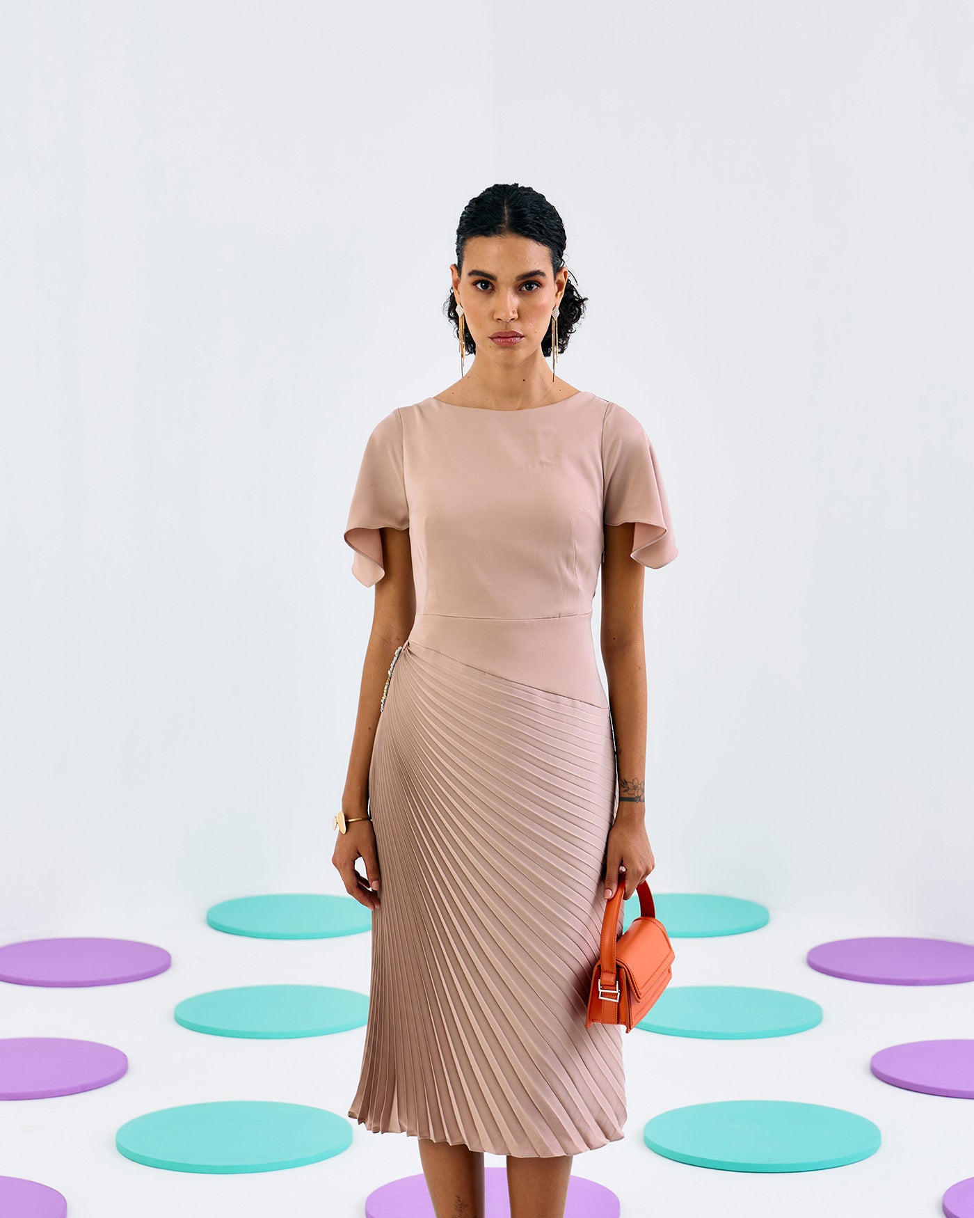 BEIGE TIMELESS PLEATED DRESS