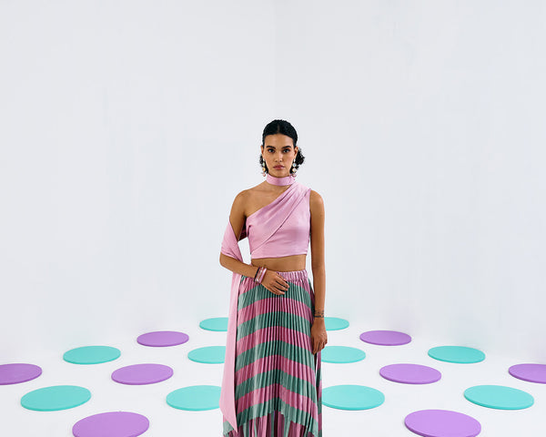 PINK GREEN COLORBLOCK PLEATED SKIRT