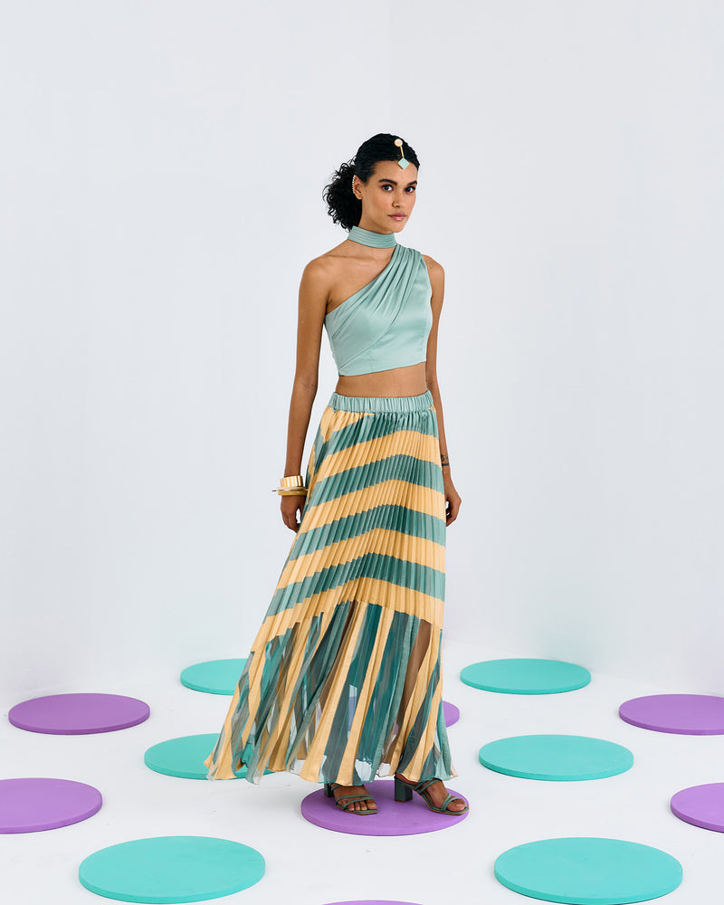 GREEN YELLOW COLORBLOCK PLEATED SKIRT