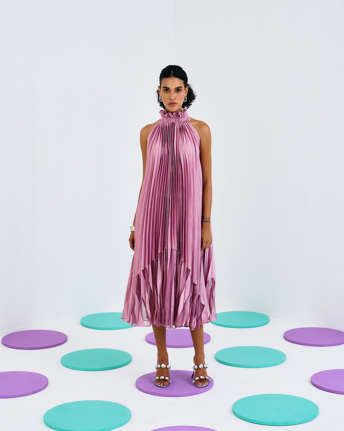 PINK PLEAT SOFT NET HALTER DRESS