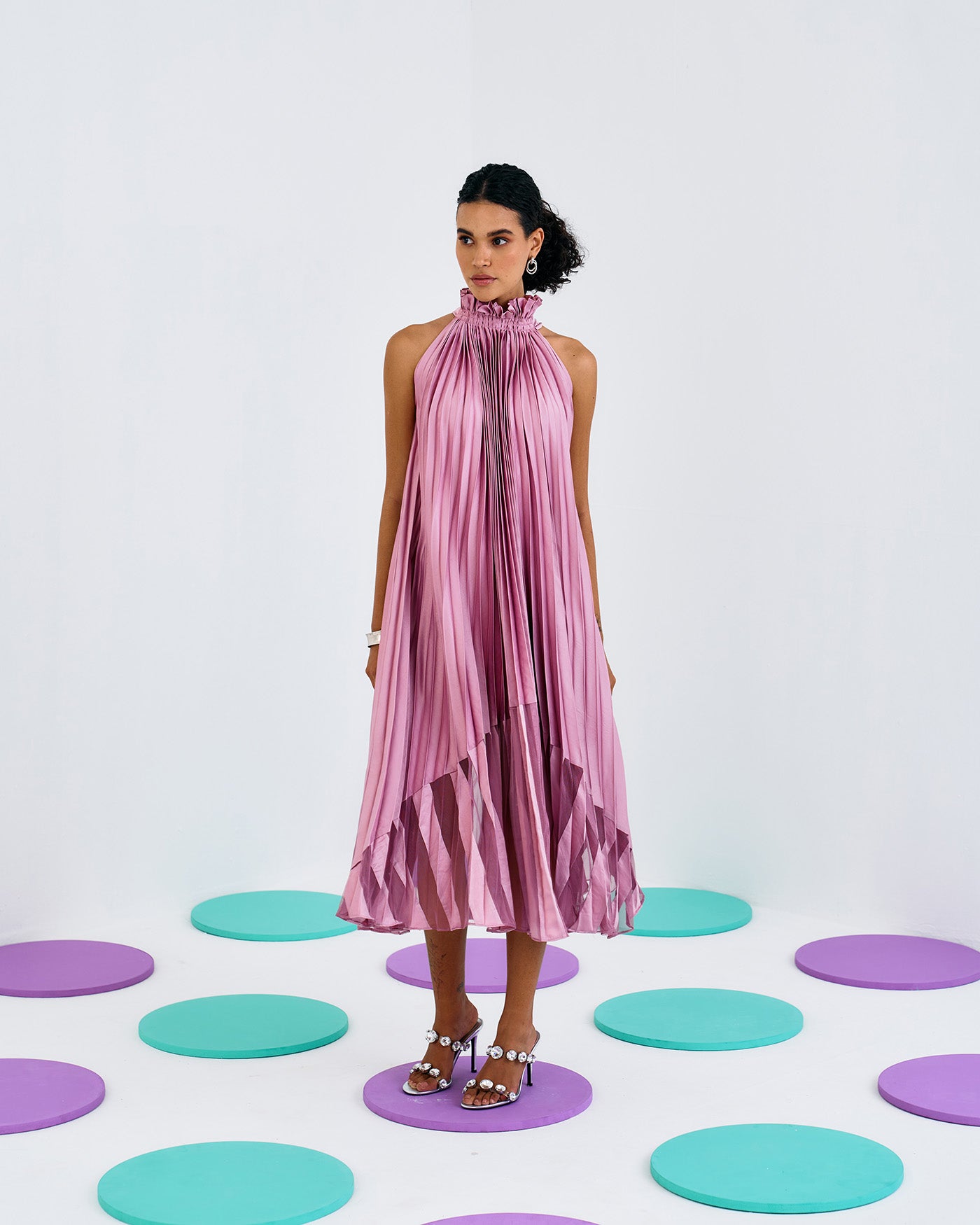 PINK PLEAT SOFT NET HALTER DRESS