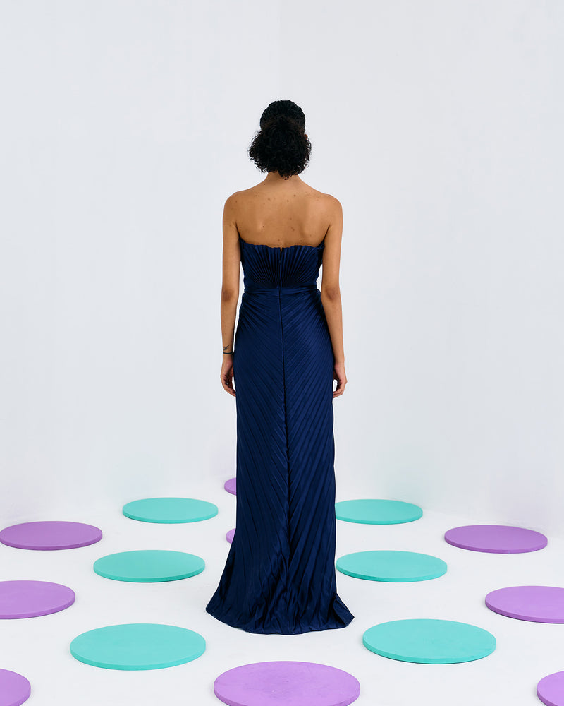 BLUE PLEATED TUBE GOWN