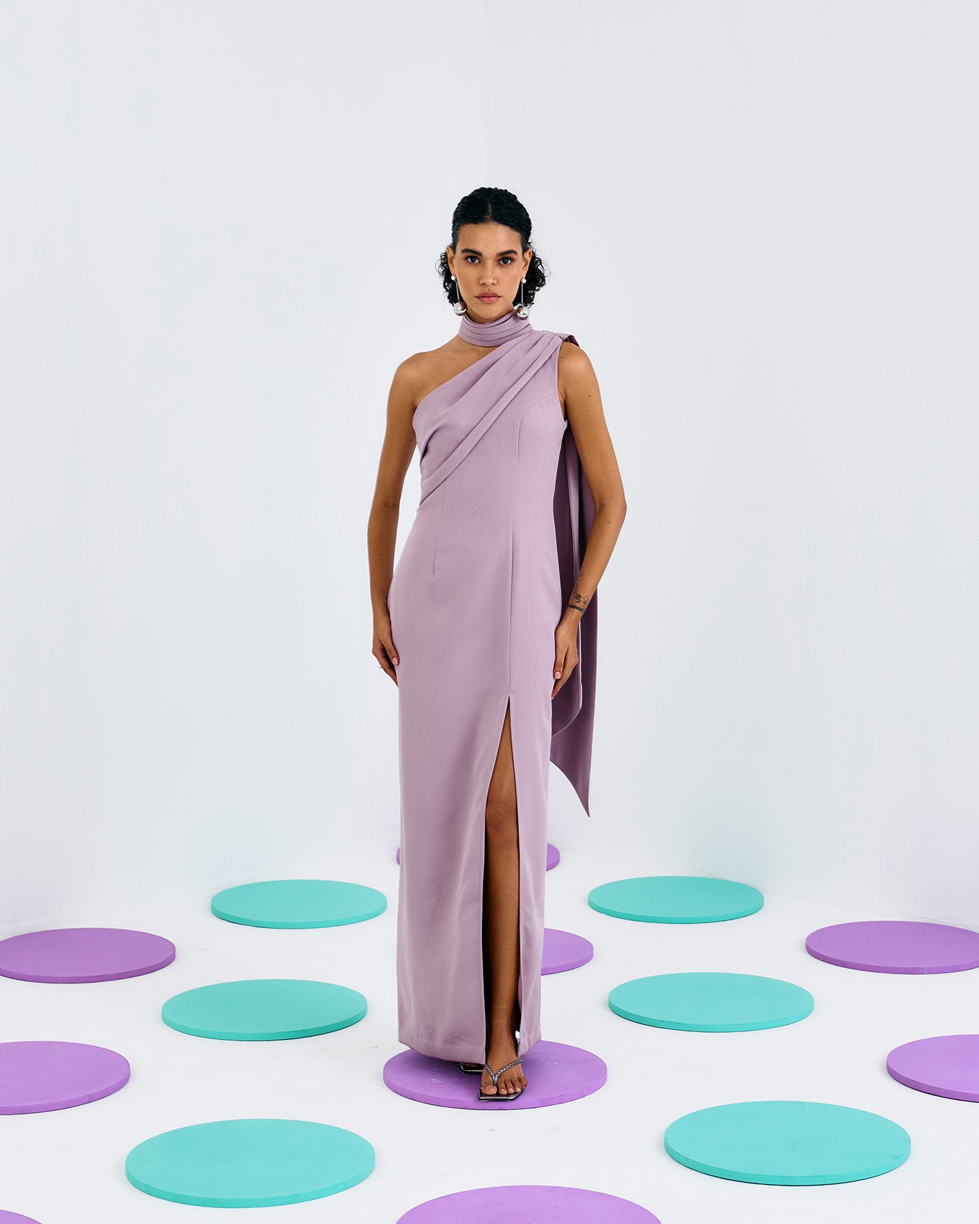LILAC ONE SHOULDER HAND PLEAT GOWN