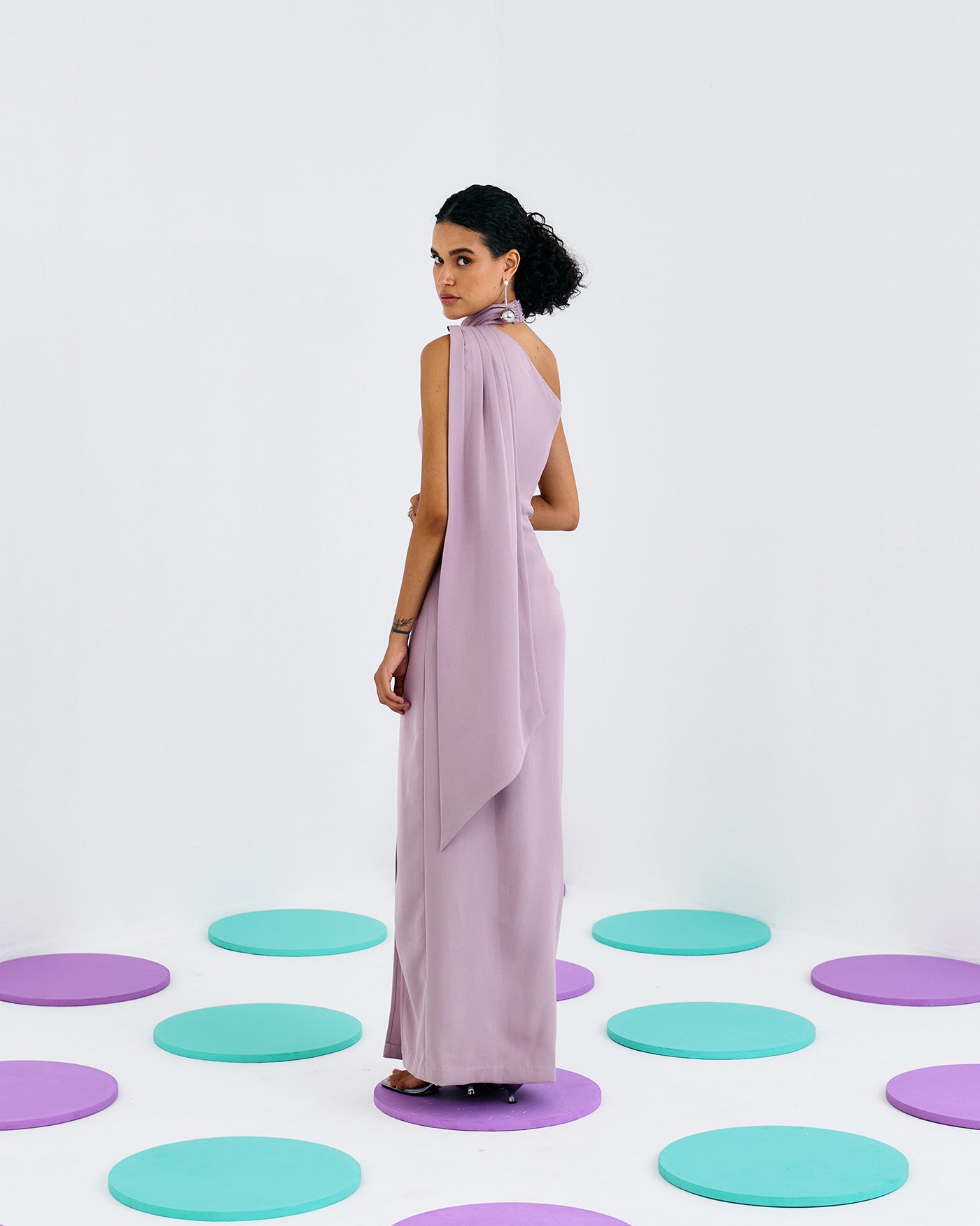 LILAC ONE SHOULDER HAND PLEAT GOWN