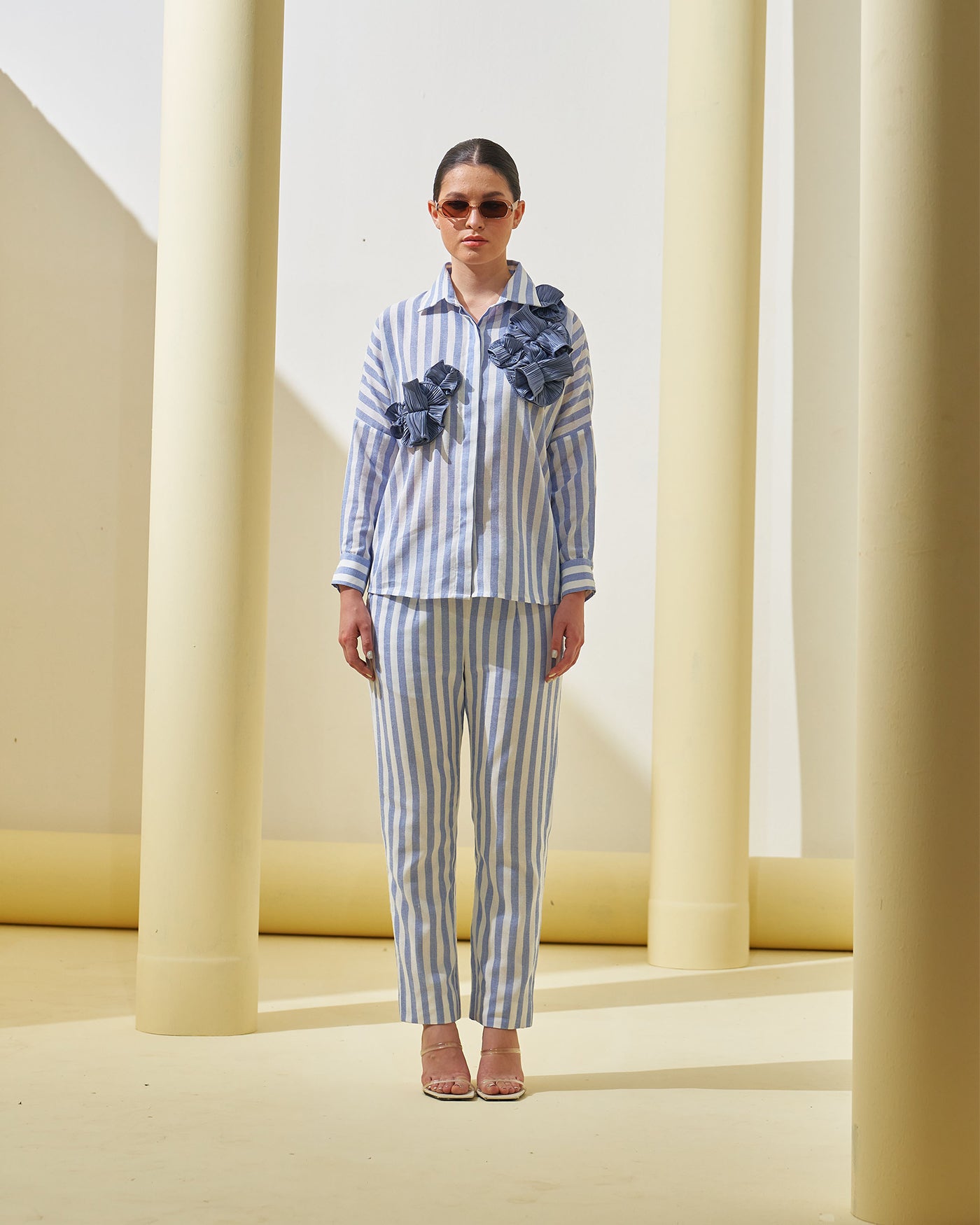 BLUE STRIPE FLOWER TOP & PANT SET