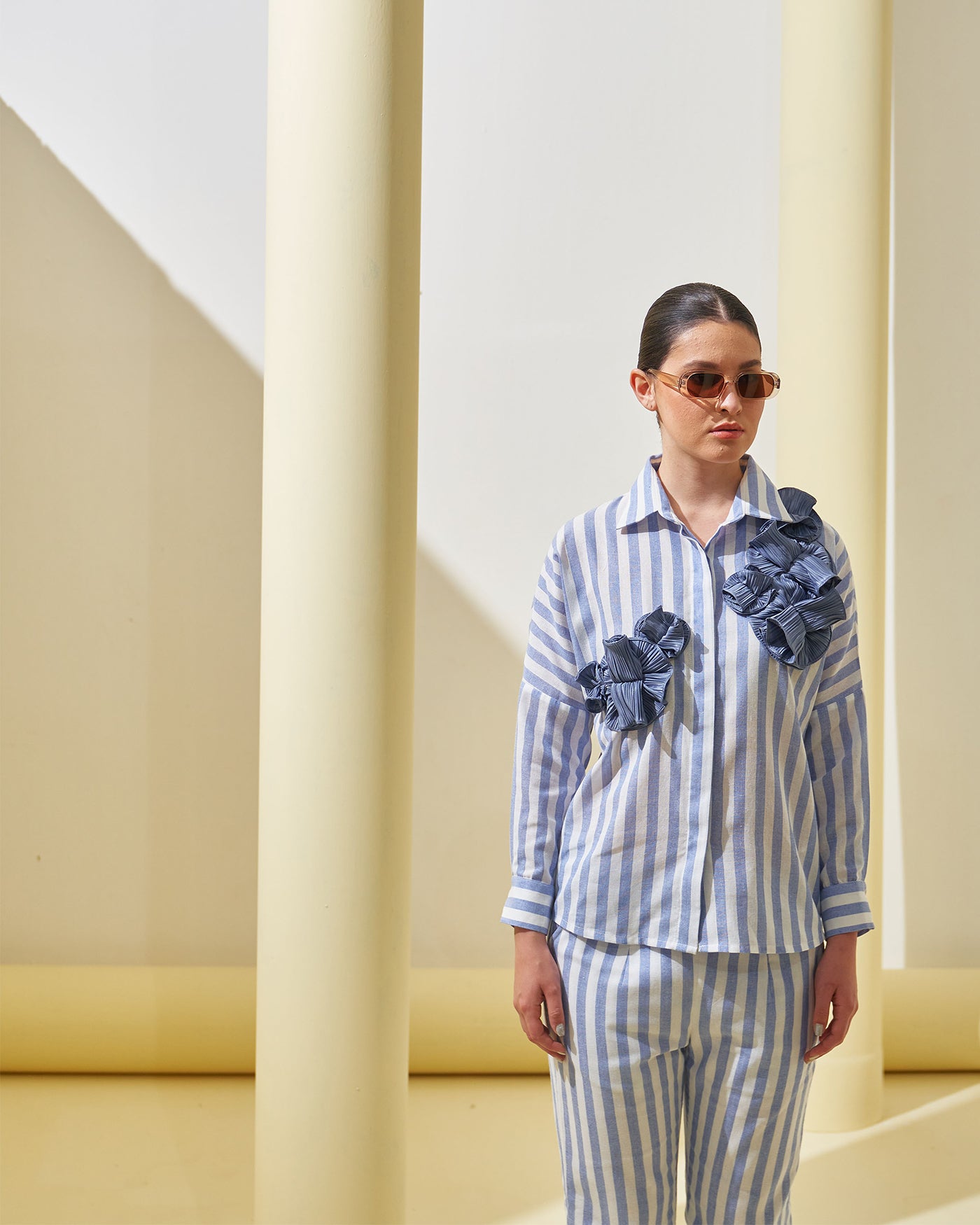 BLUE STRIPE FLOWER TOP & PANT SET