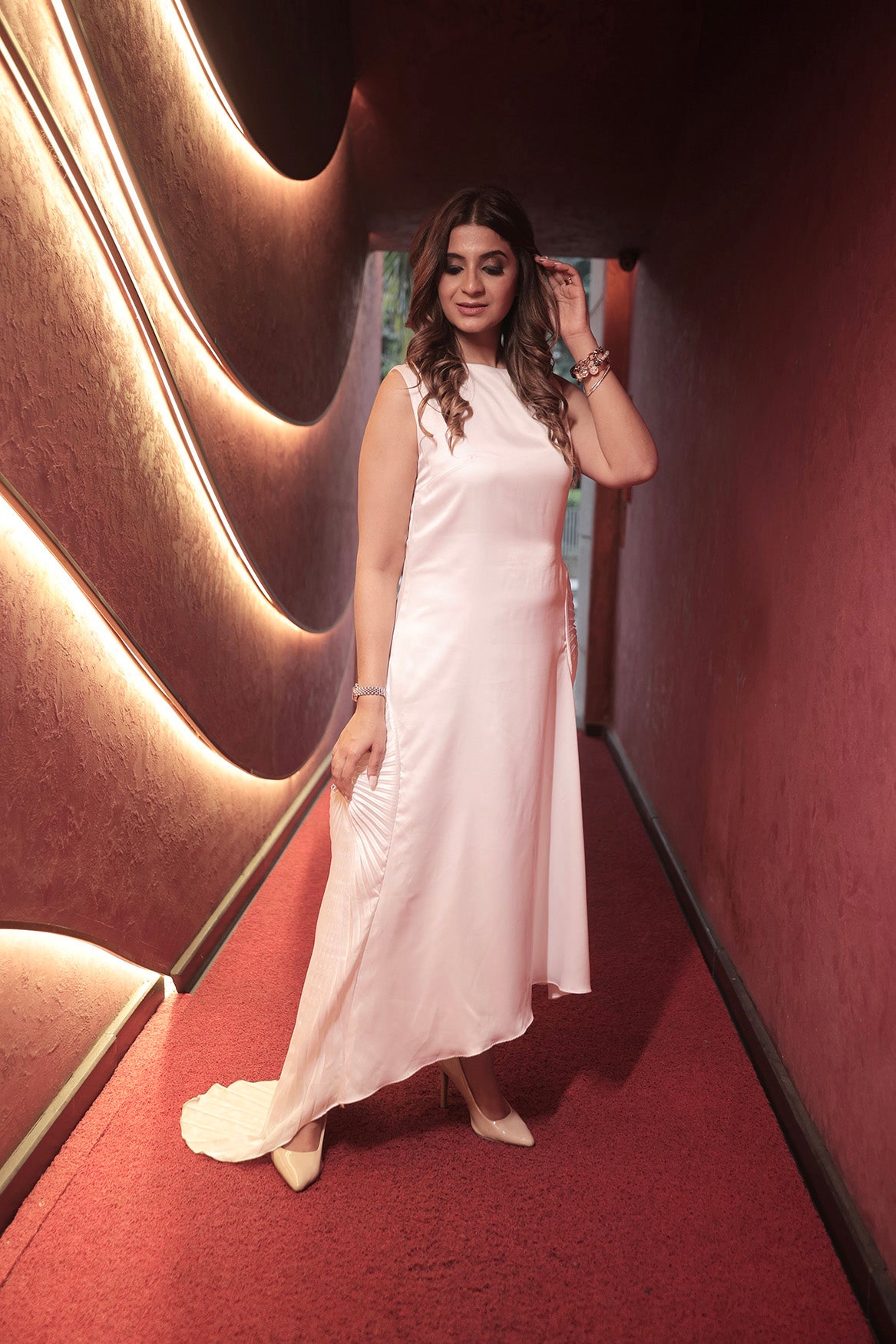 WHITE CIRCULAR DETAIL PLEATS GOWN