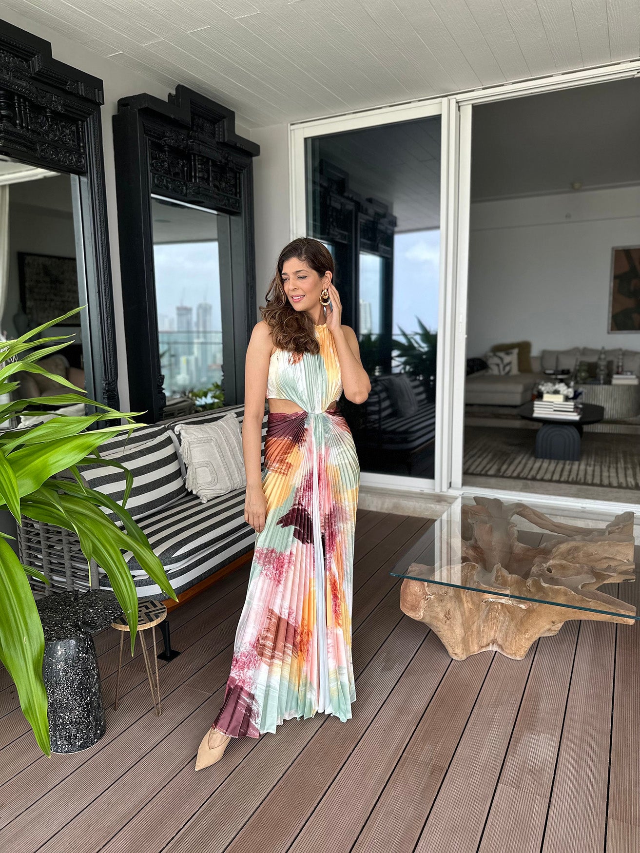 PRINT PLEATED HALTER GOWN