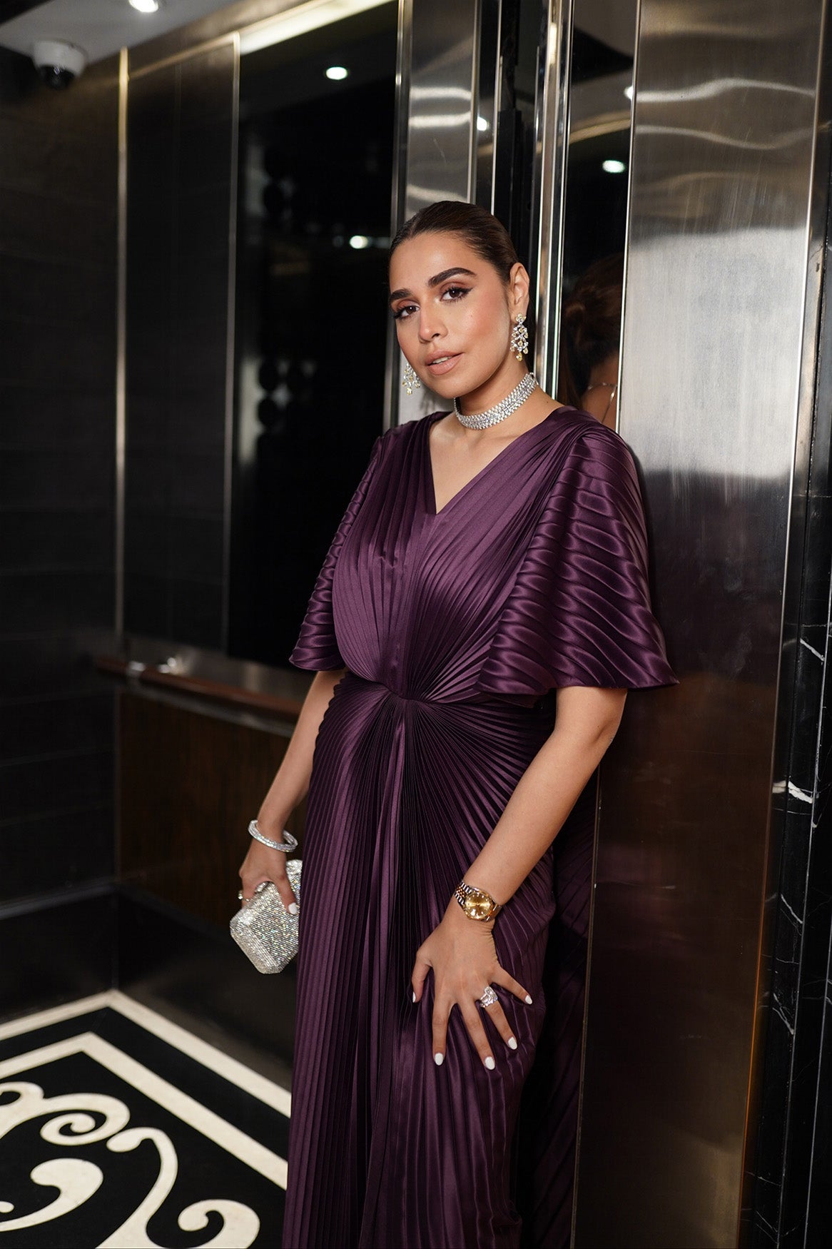 PURPLE PLEATED WINGED GOWN