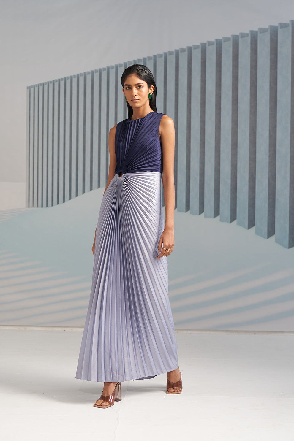 BLUE AND SILVER PLEATED GOWN