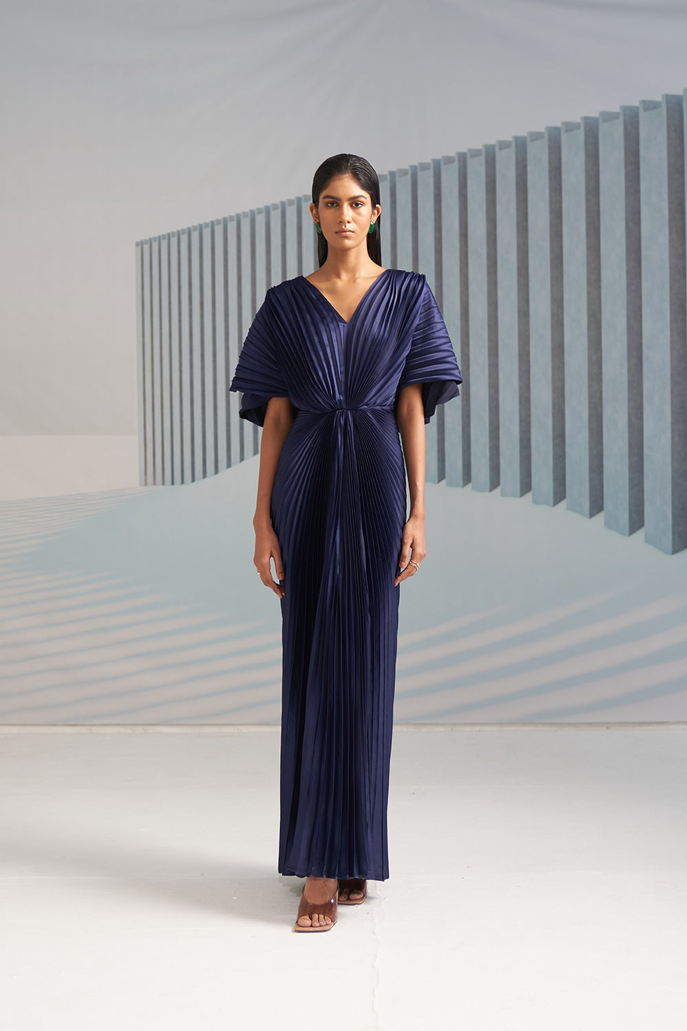 BLUE PLEATED WINGED GOWN