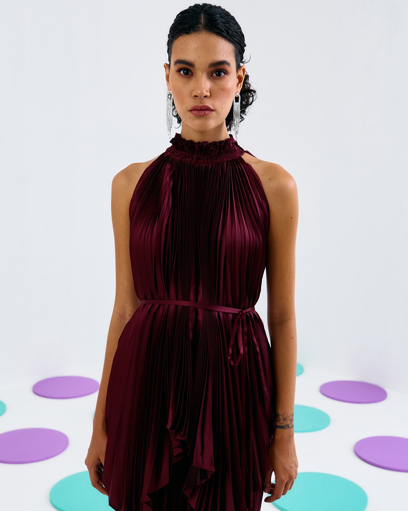 MAROON HALTER PLEATED TOP & MERMAID SKIRT