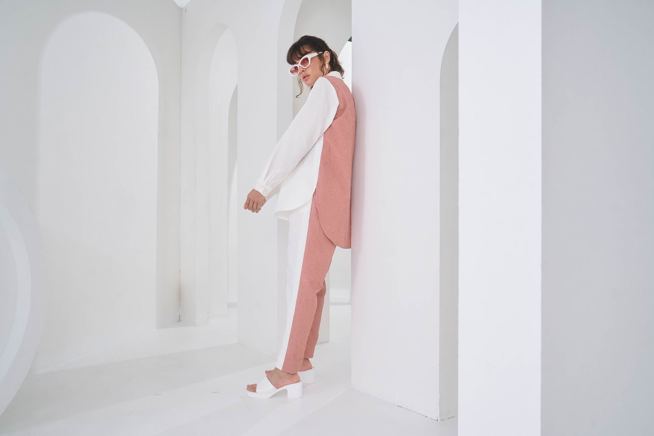 PINK WHITE COLORBLOCK CRUSHED COORD SET