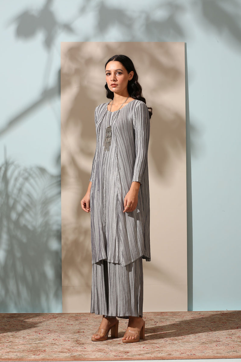 Silver Grey Raw Silk Kurti with Bottom – Kaash