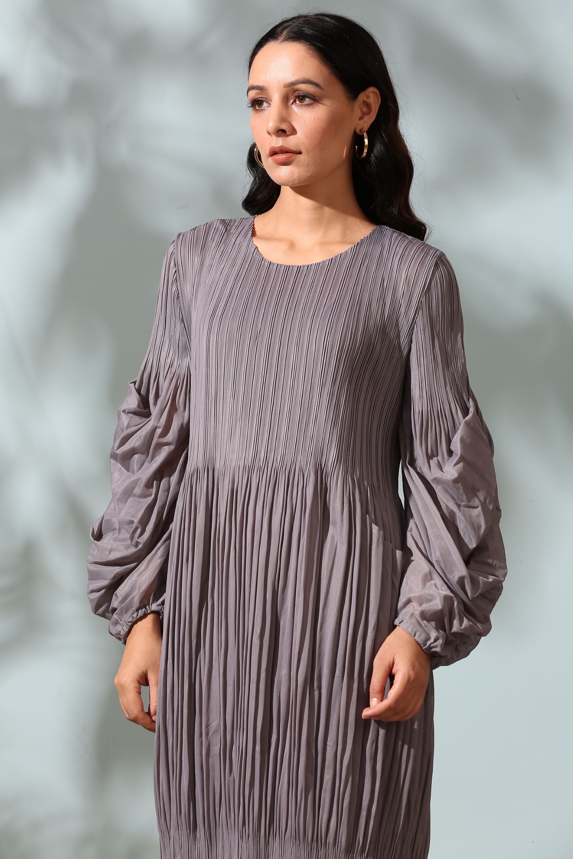 GREY PLEATED FLAIR DRESS