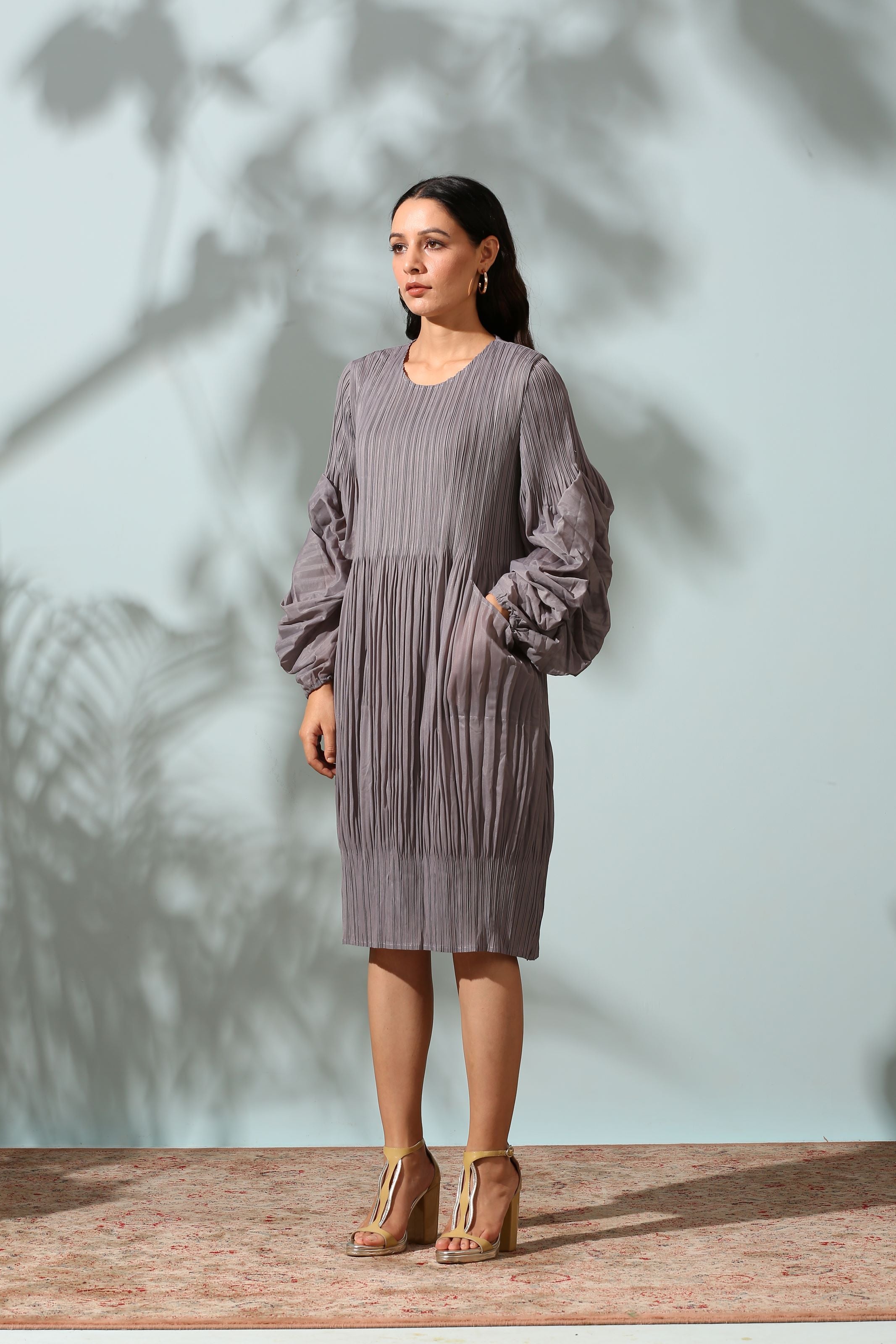 GREY PLEATED FLAIR DRESS