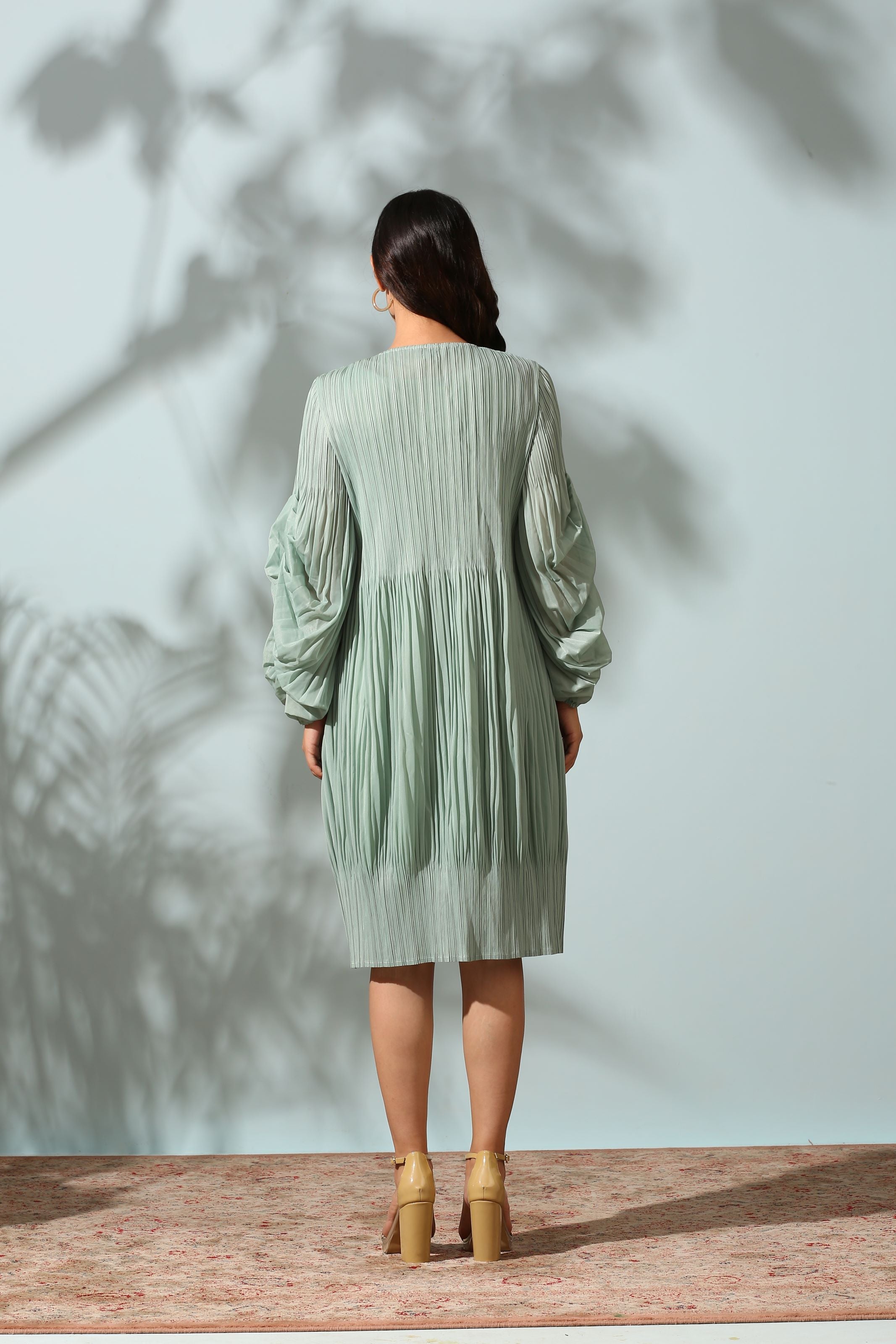 GREEN PLEATED FLAIR DRESS