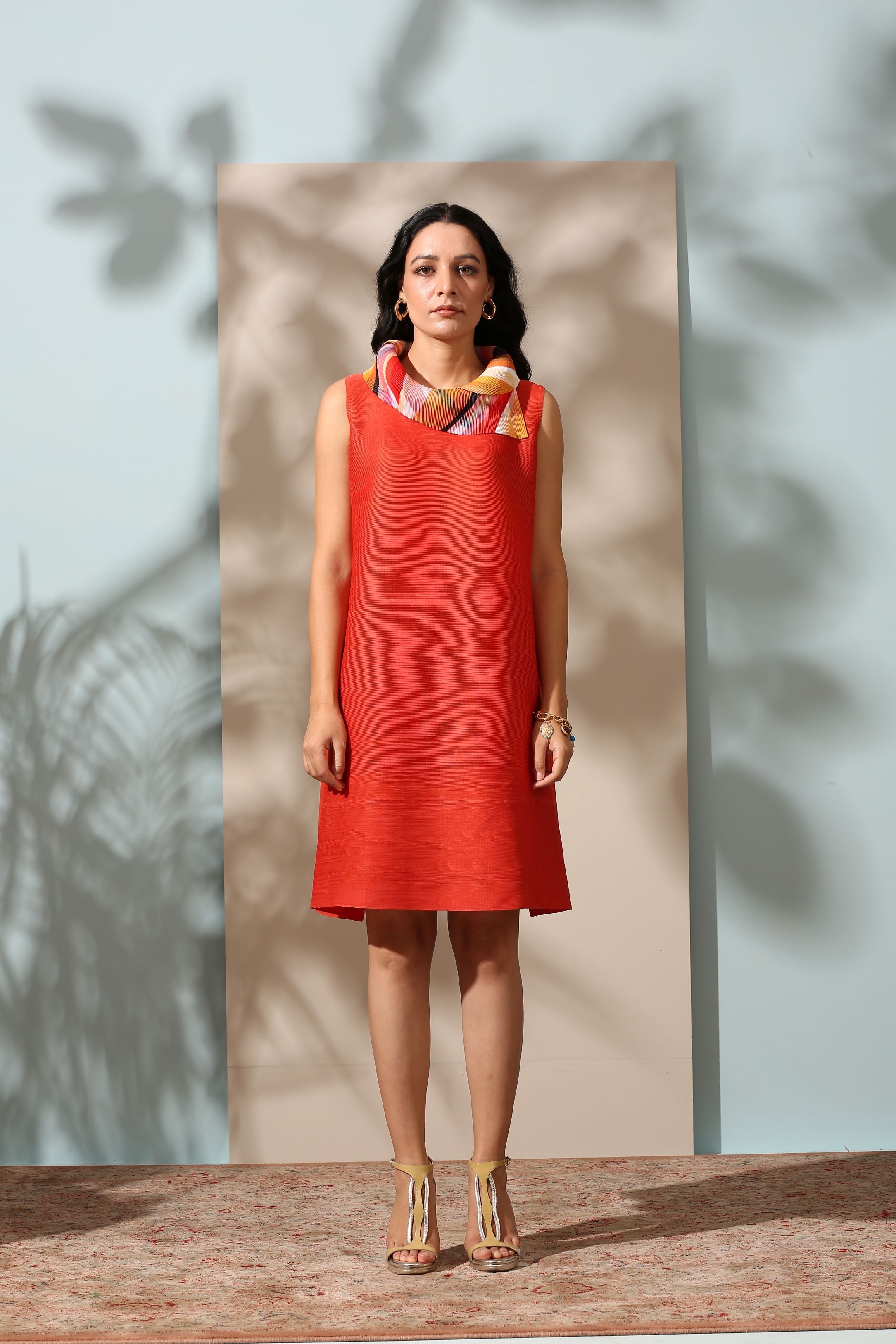 ORANGE PRINTED SCARF NECK DRESS