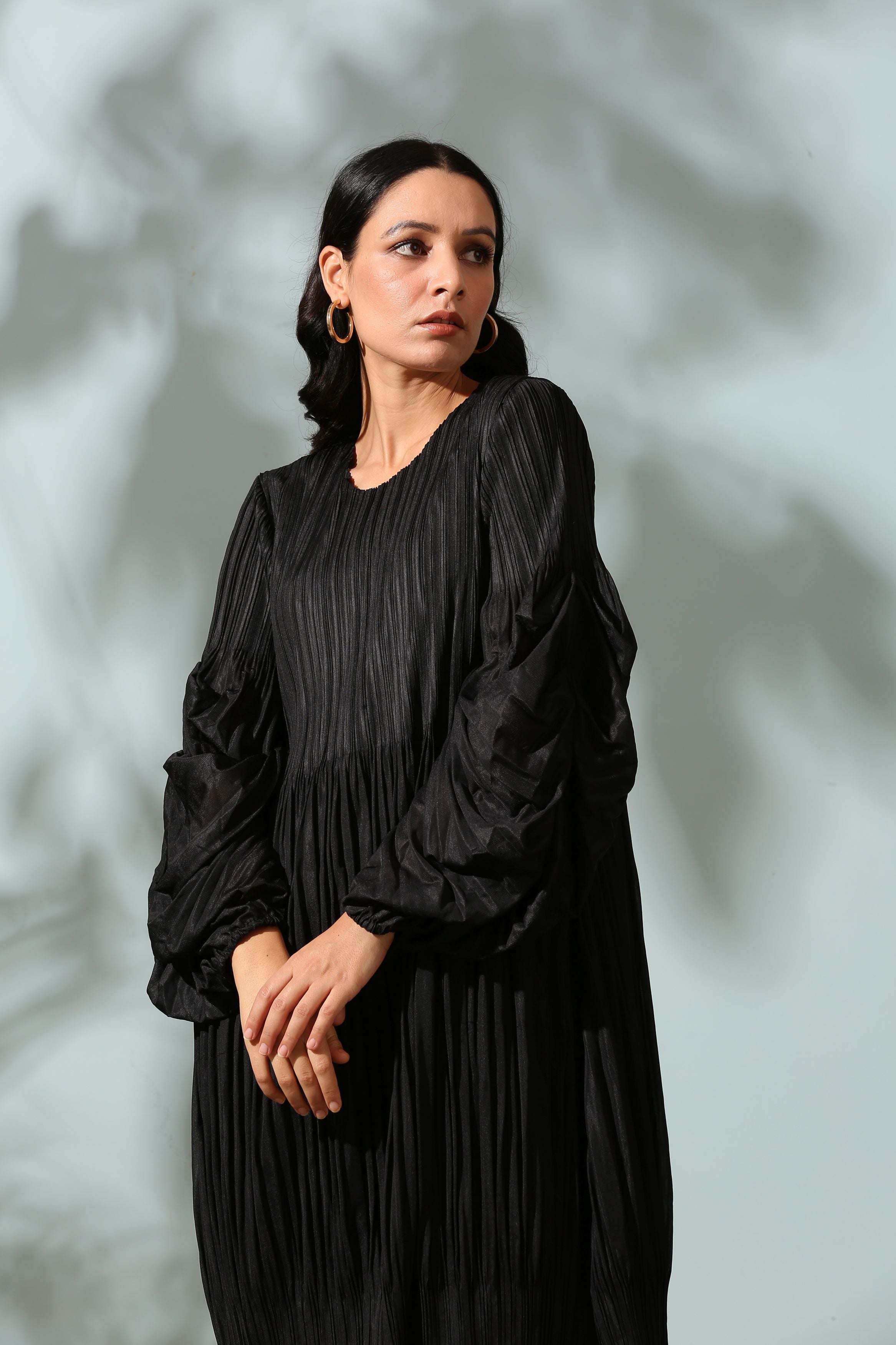 BLACK PLEATED FLAIR DRESS