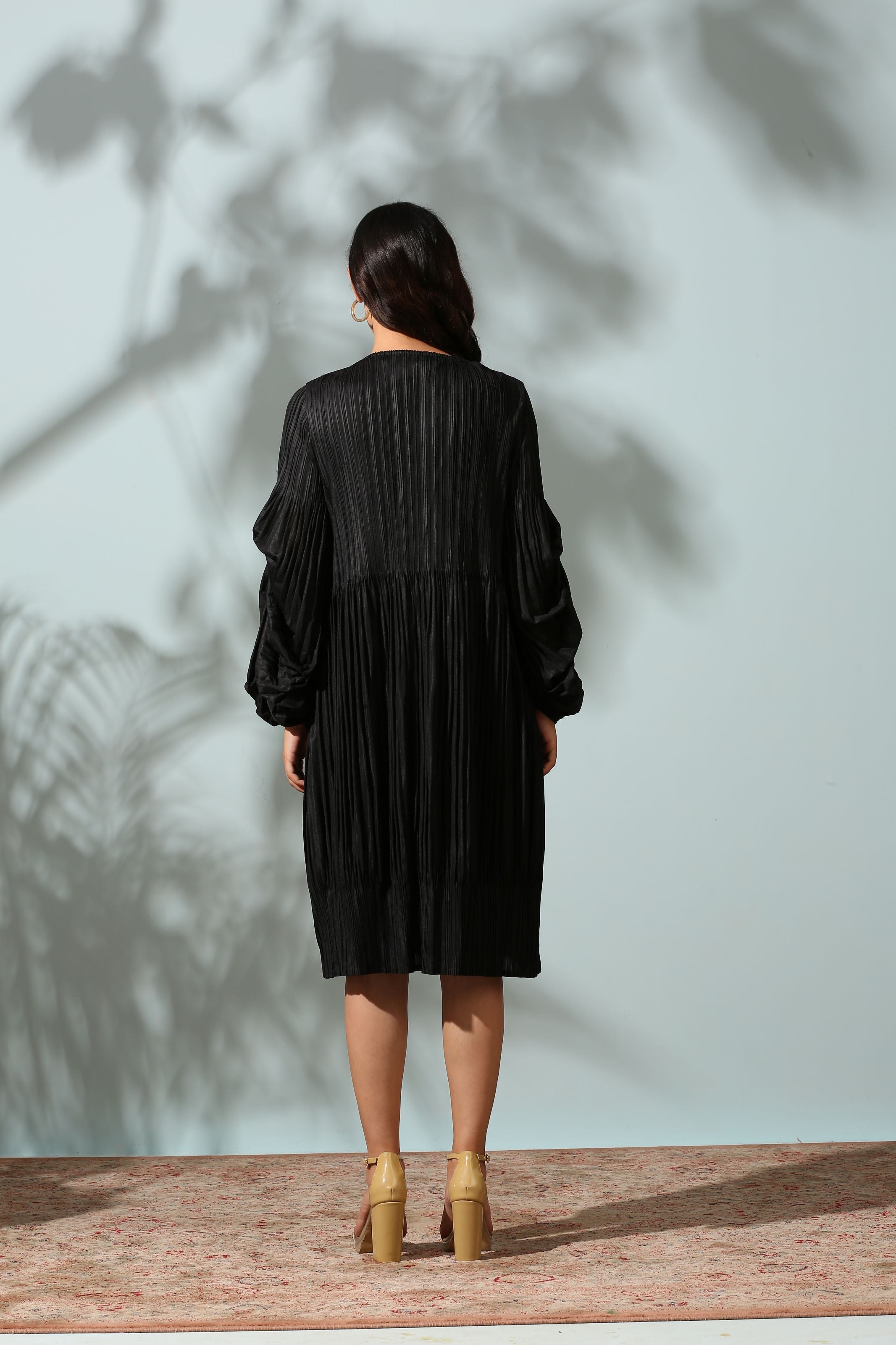 BLACK PLEATED FLAIR DRESS