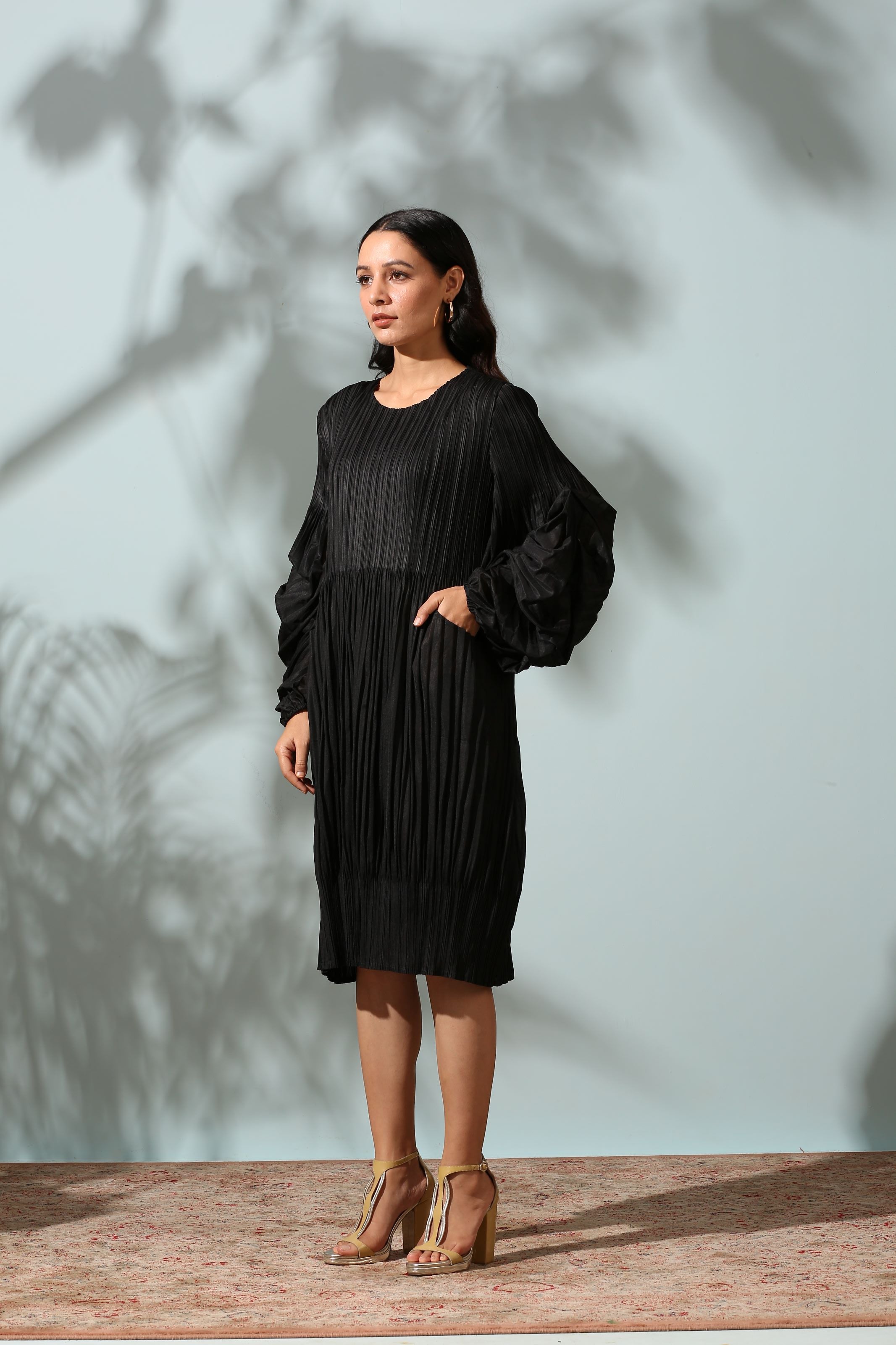 BLACK PLEATED FLAIR DRESS