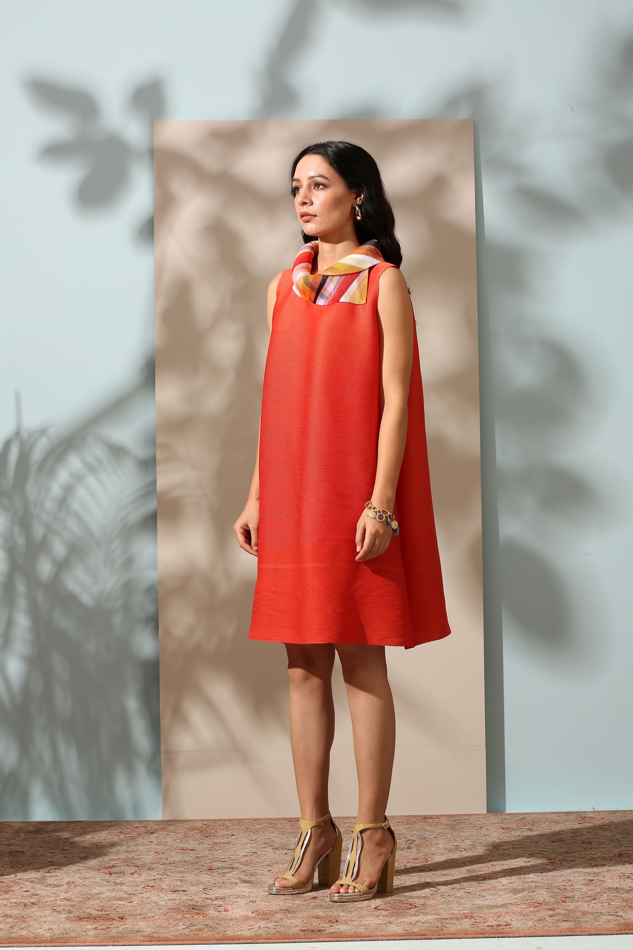 ORANGE PRINTED SCARF NECK DRESS