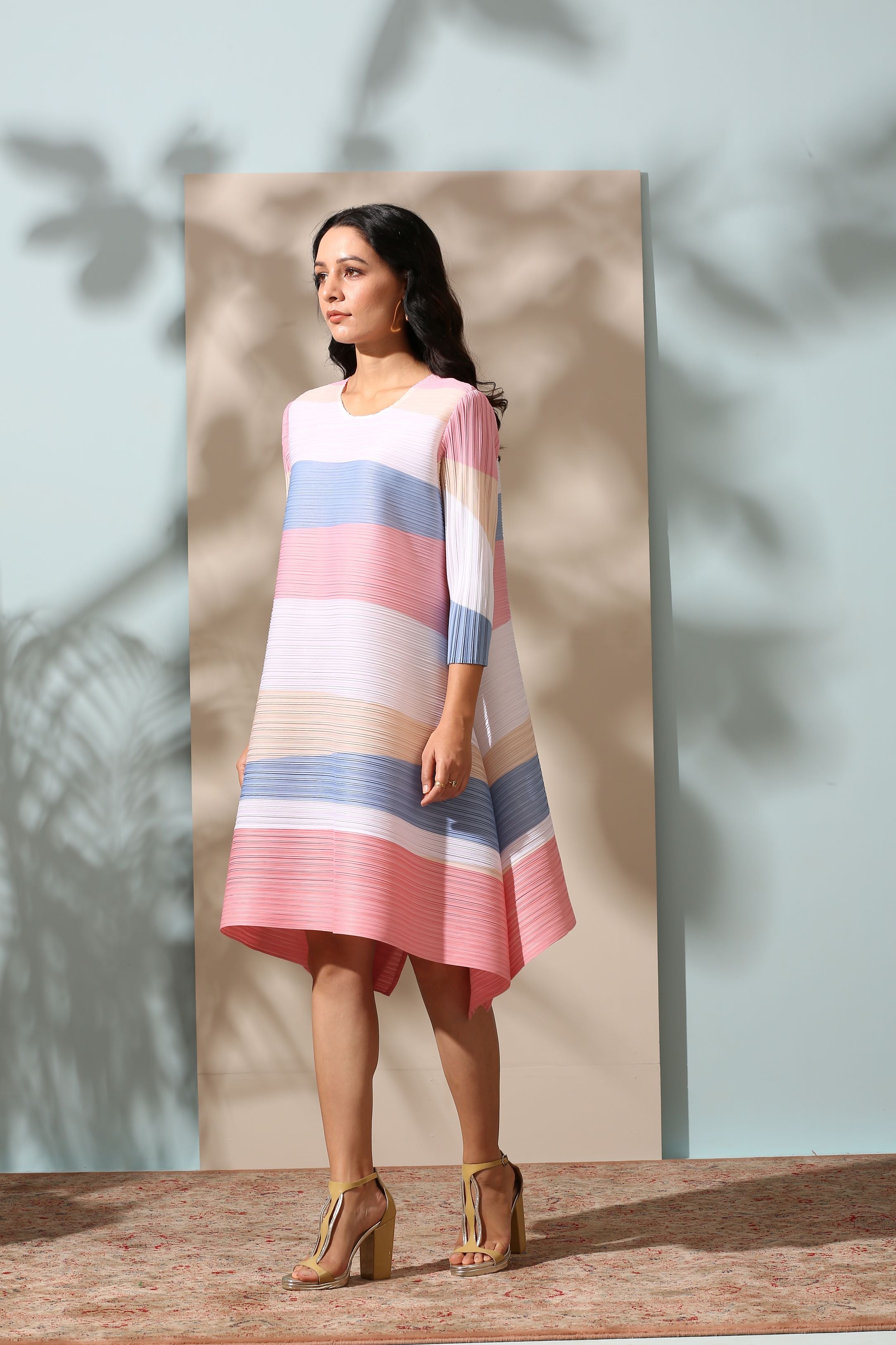 PINK PASTEL STRIPE PLEATS DRESS