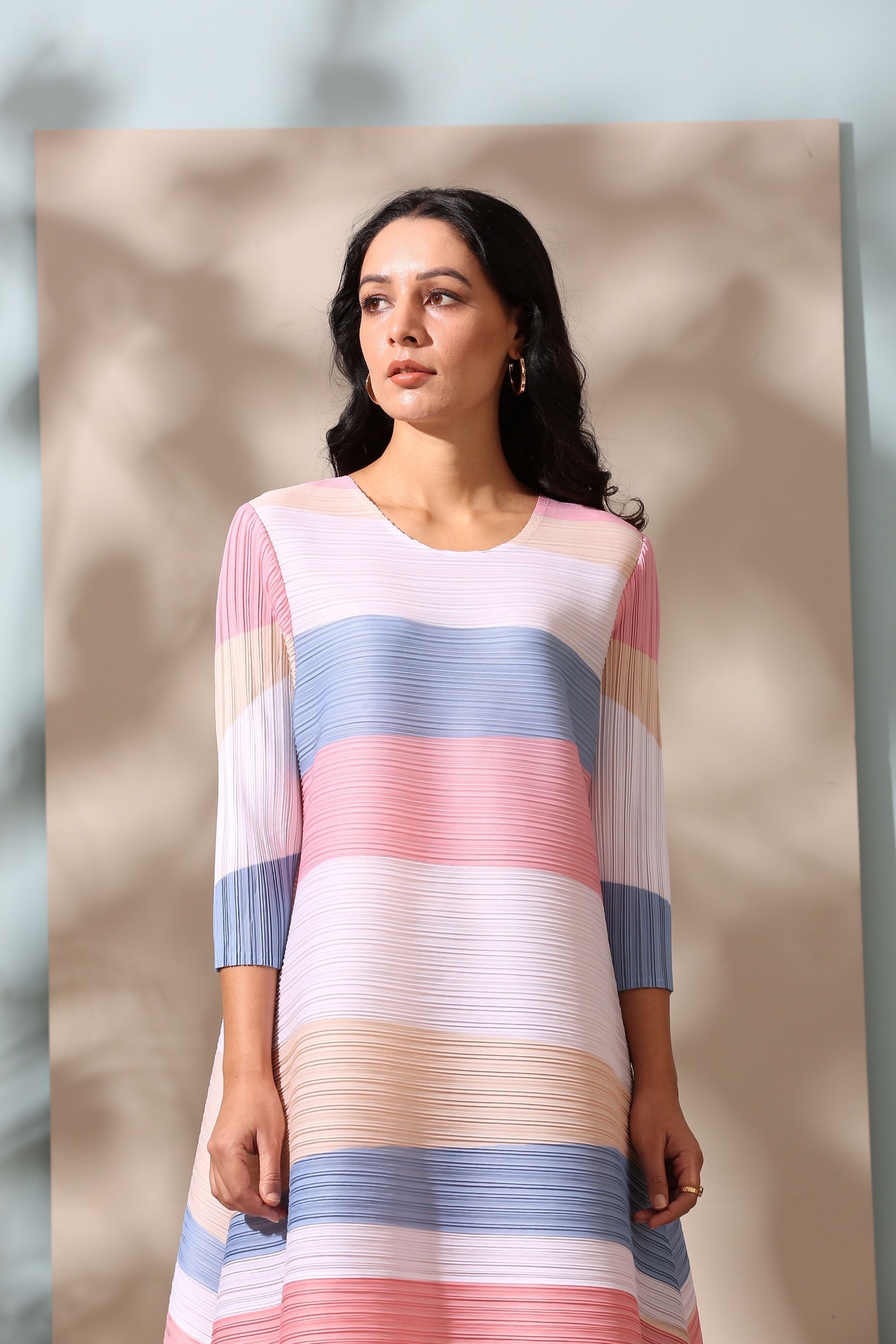 PINK PASTEL STRIPE PLEATS DRESS