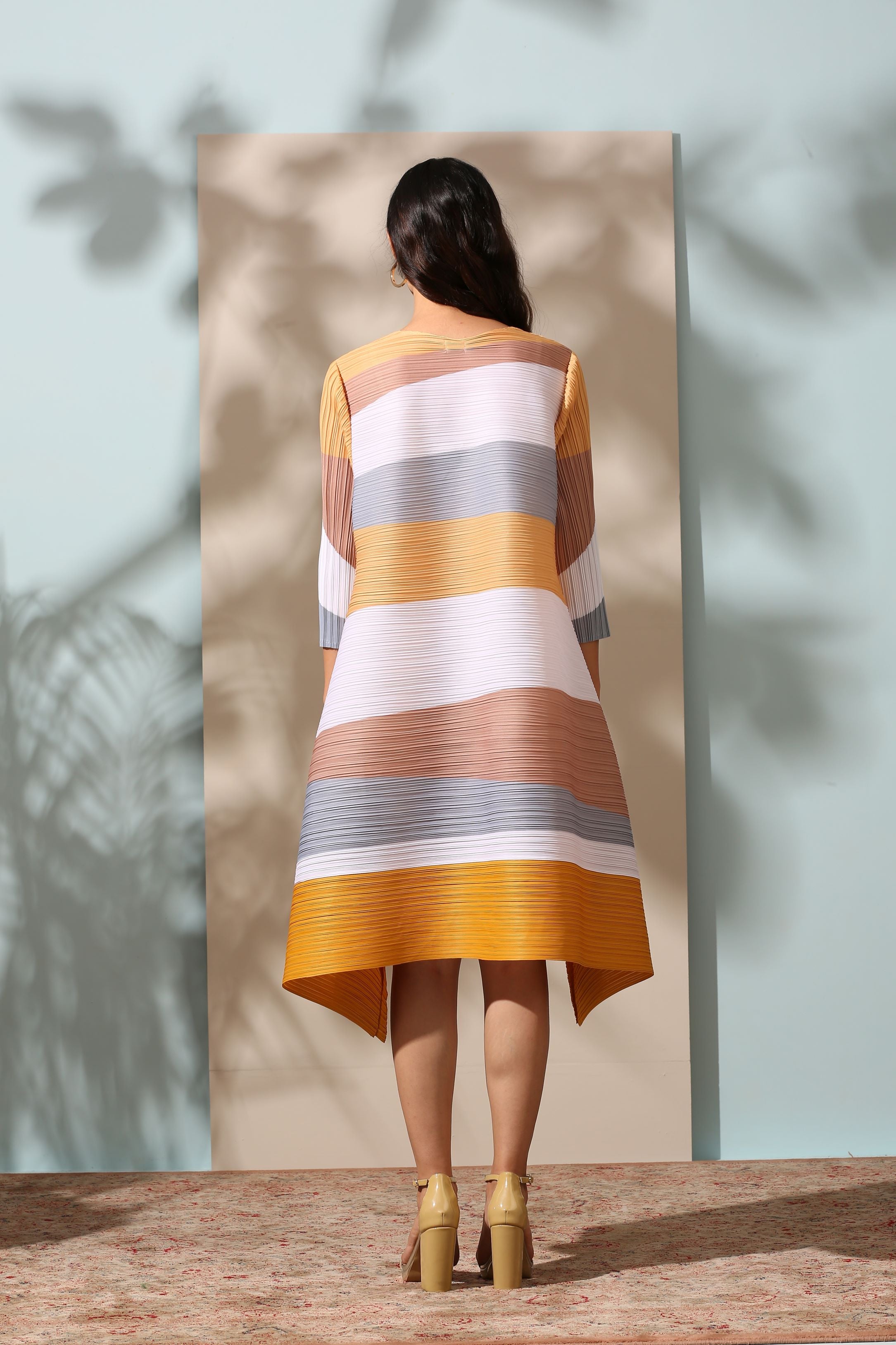 YELLOW PASTEL STRIPE PLEATS DRESS