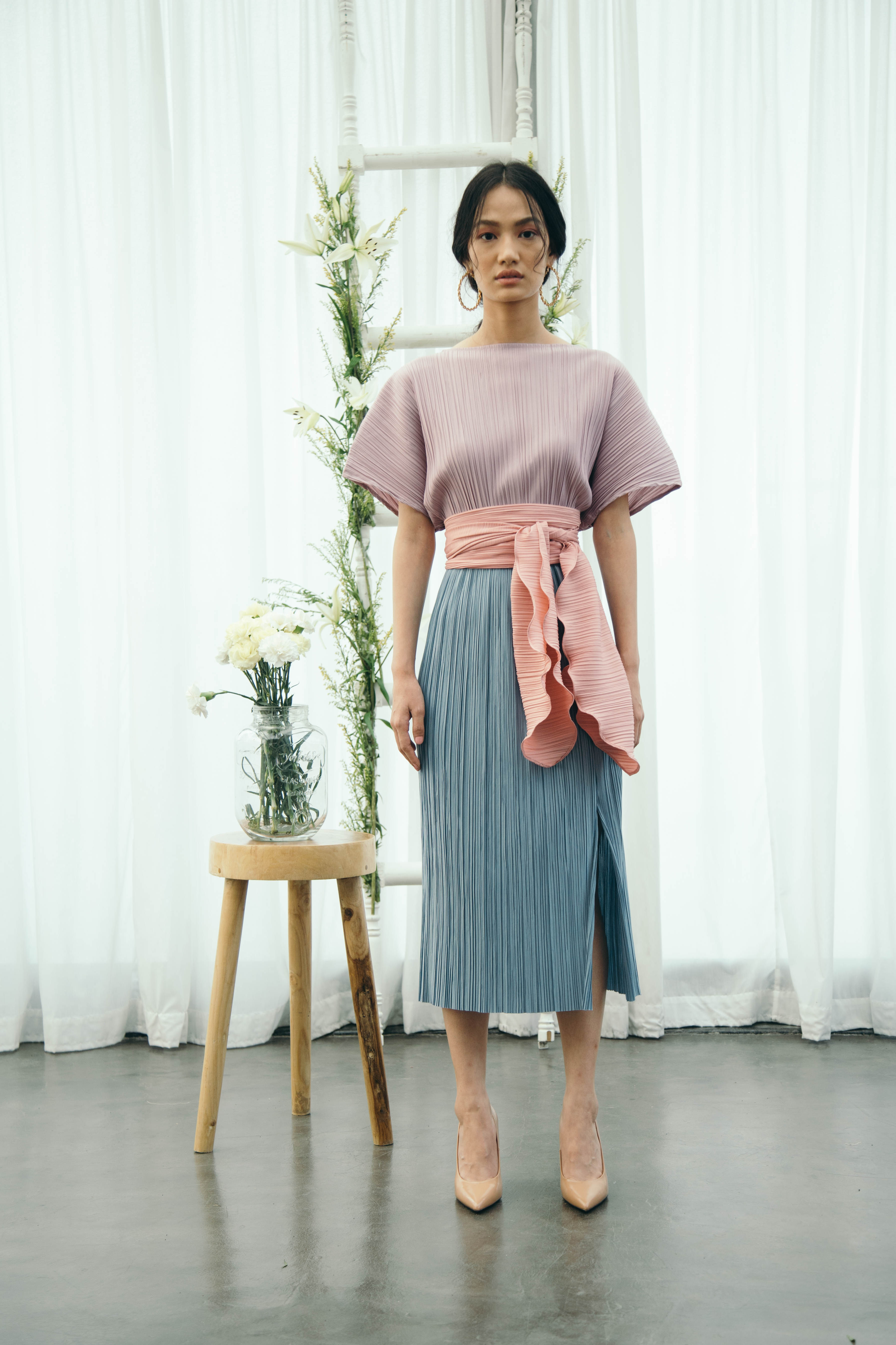 PINK & BLUE PLEATS DRESS WITH BELT