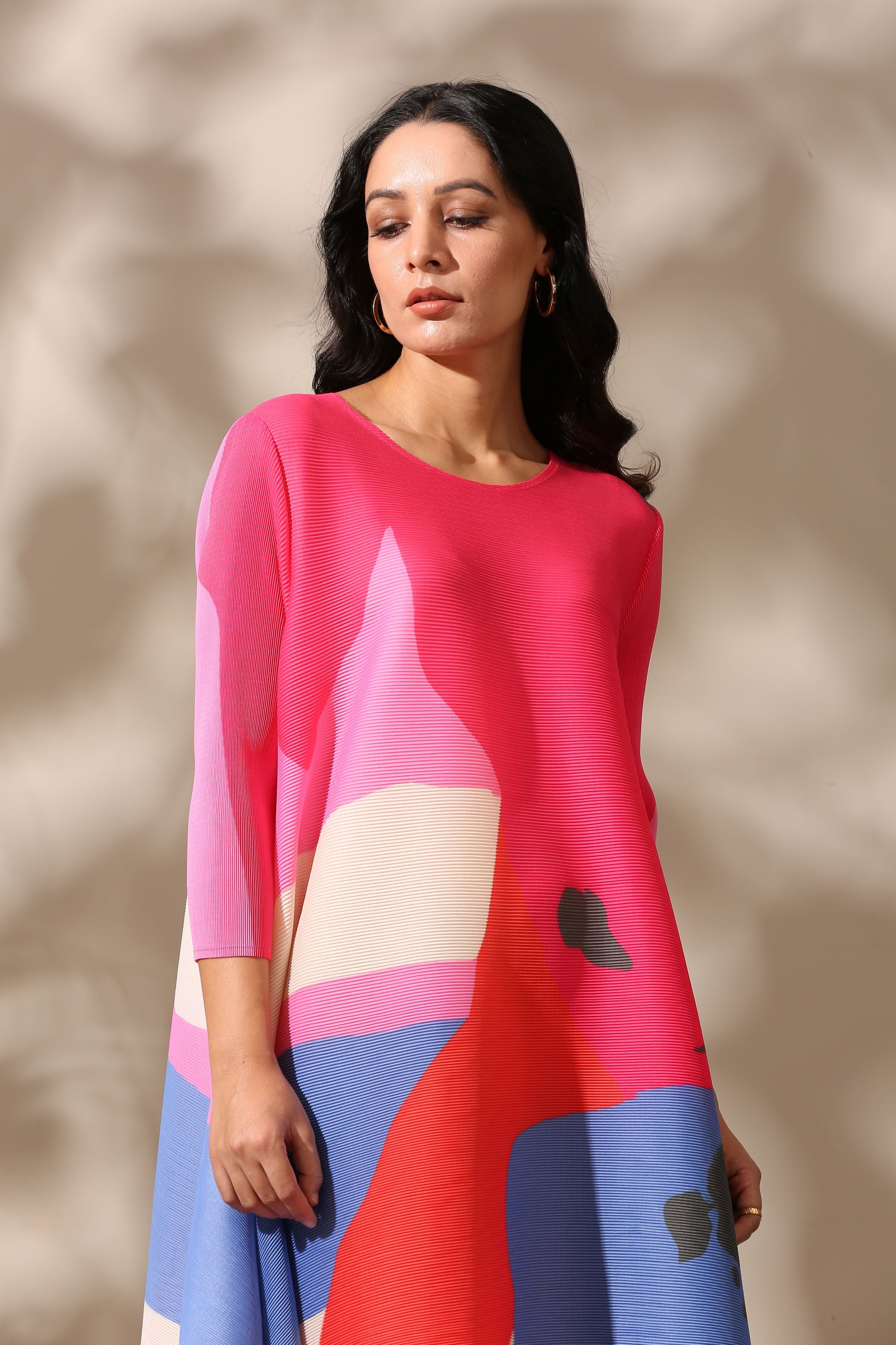 RED SPLASH PRINT PLEATED DRESS