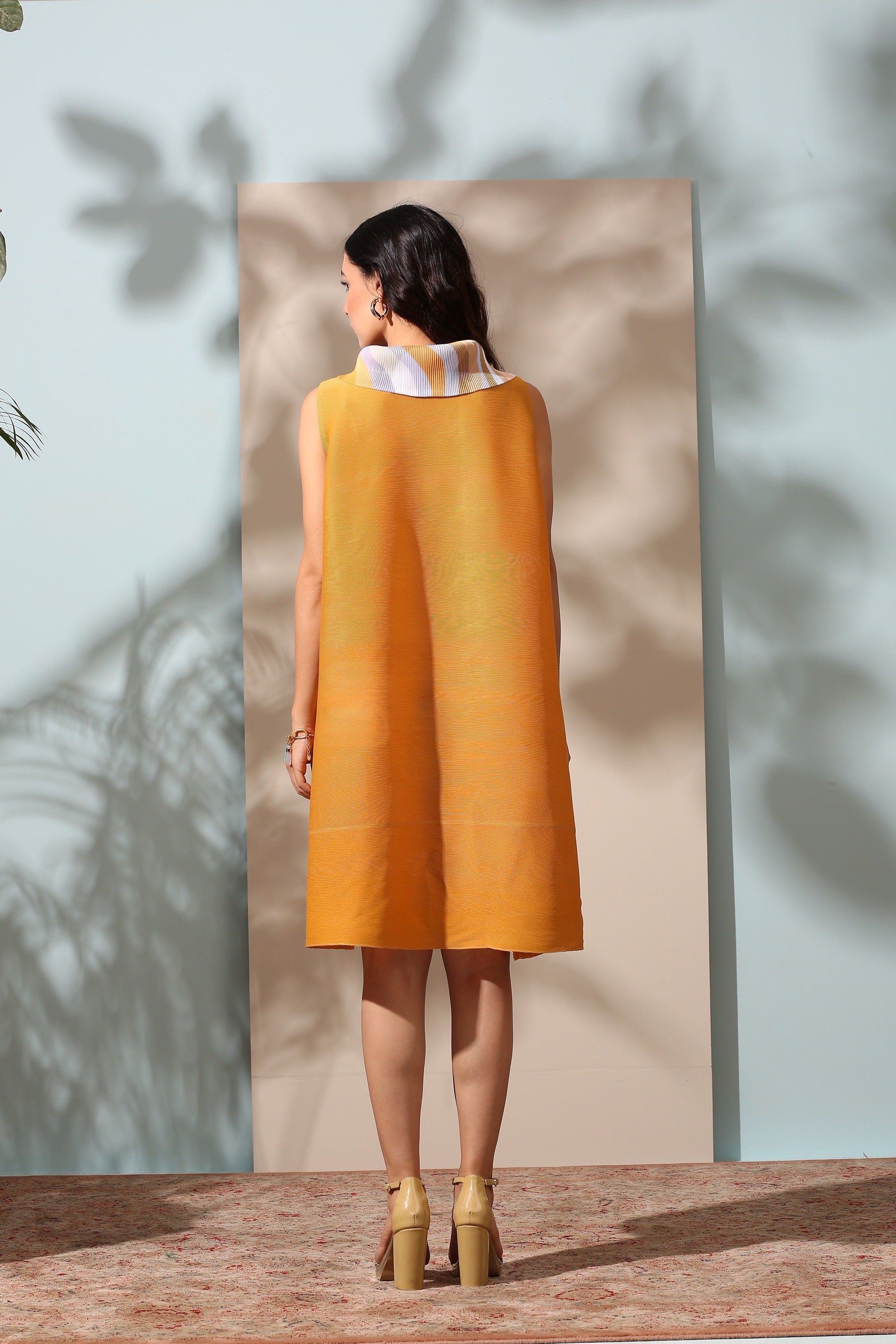 YELLOW PRINTED SCARF NECK DRESS