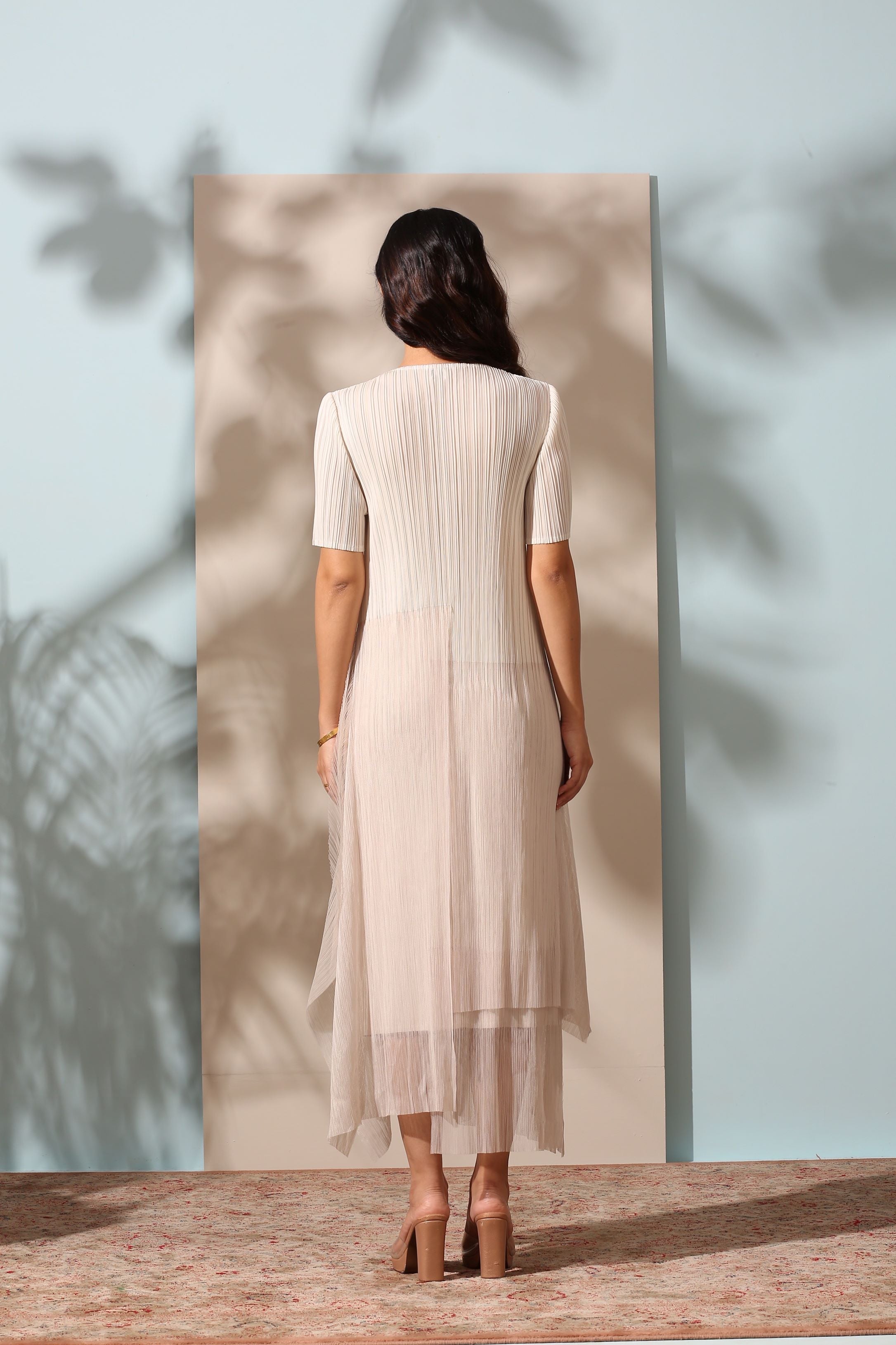 BEIGE PLEATS DRESS WITH ORGANDY DETAILING