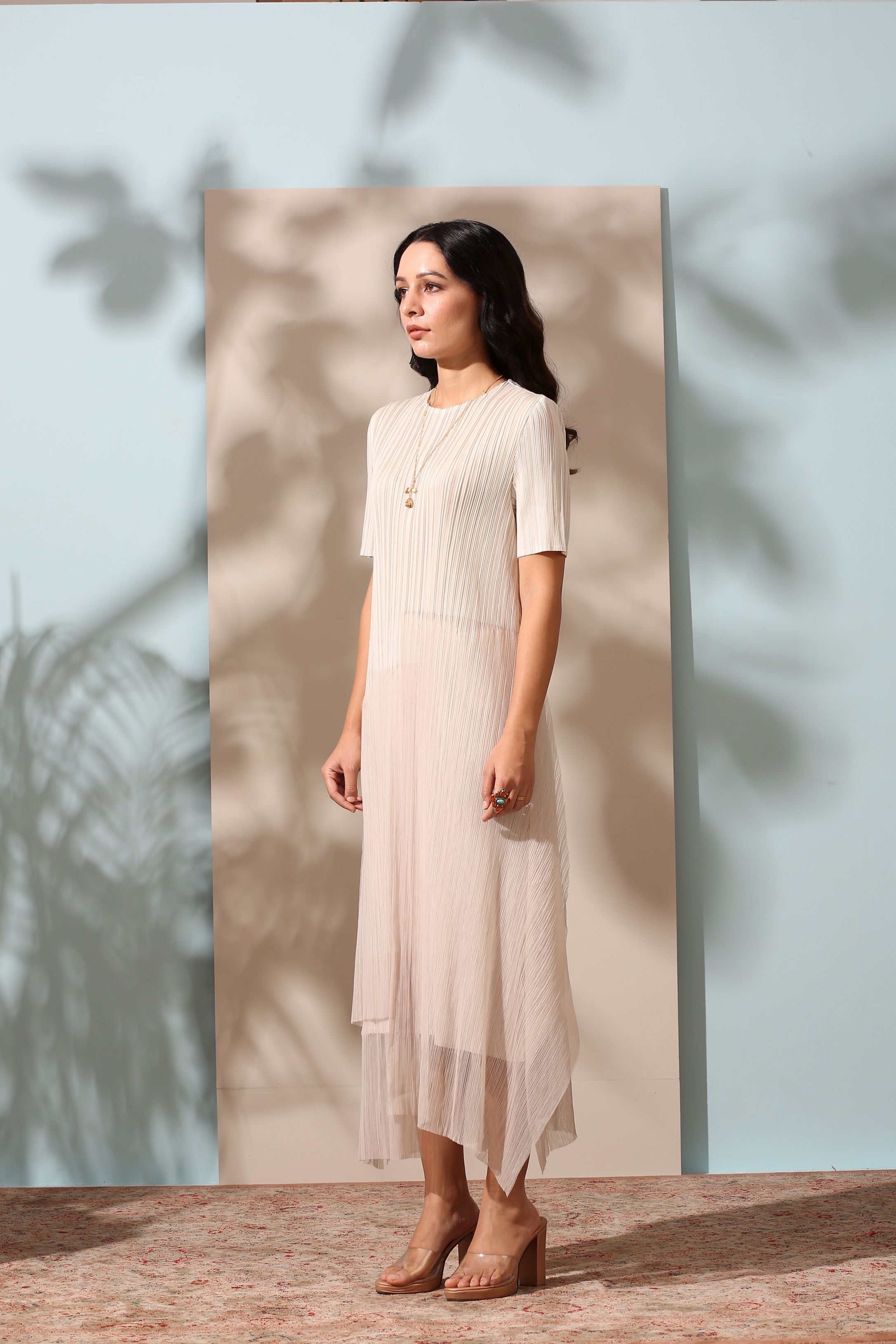 BEIGE PLEATS DRESS WITH ORGANDY DETAILING