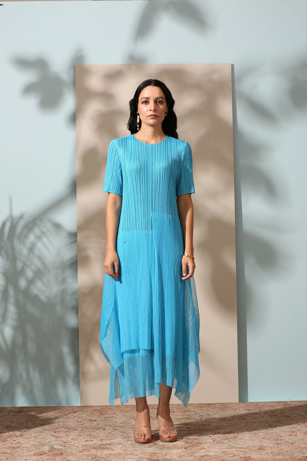 SKY BLUE PLEATS DRESS WITH ORGANDY DETAILING