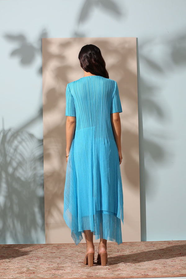 SKY BLUE PLEATS DRESS WITH ORGANDY DETAILING