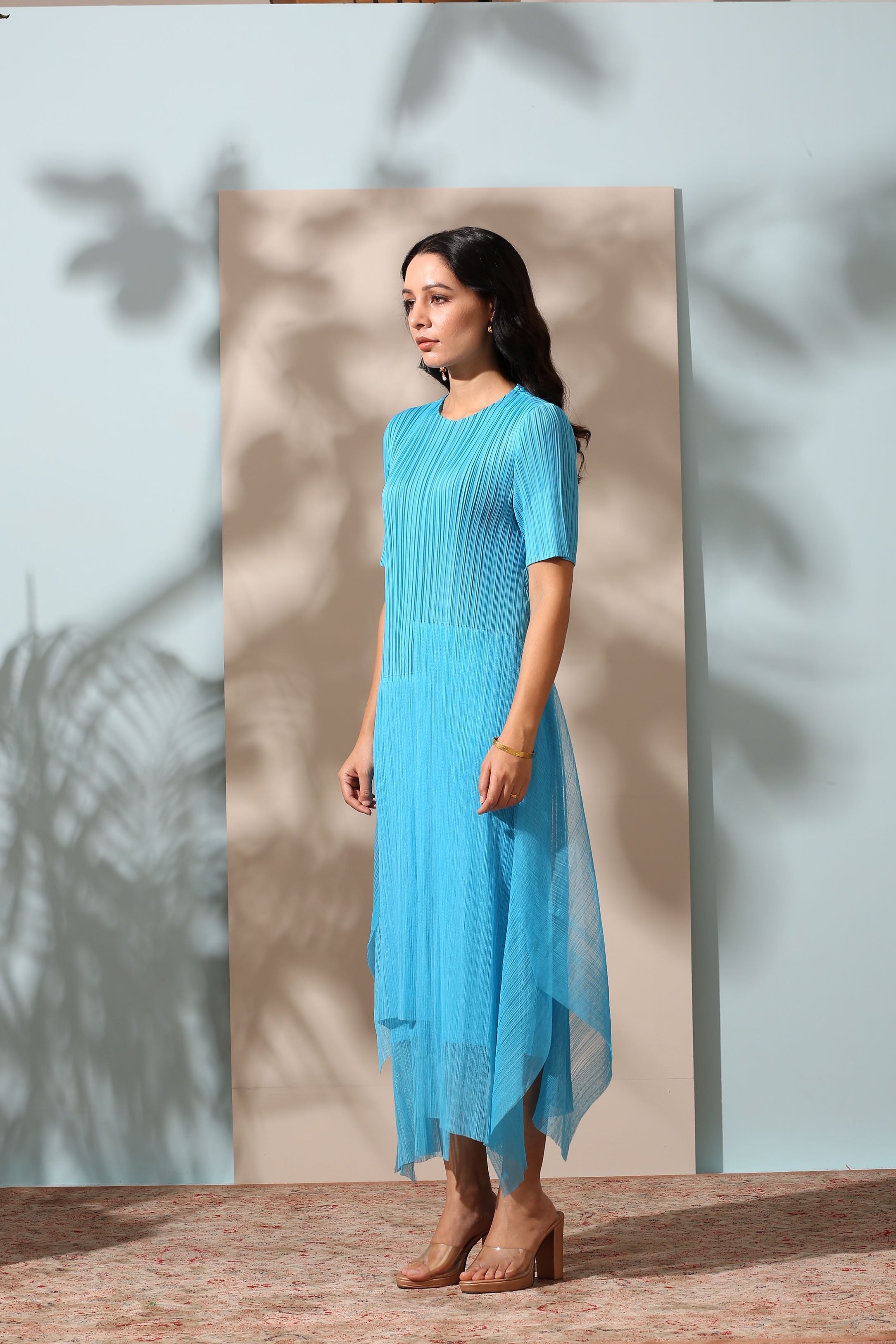 SKY BLUE PLEATS DRESS WITH ORGANDY DETAILING