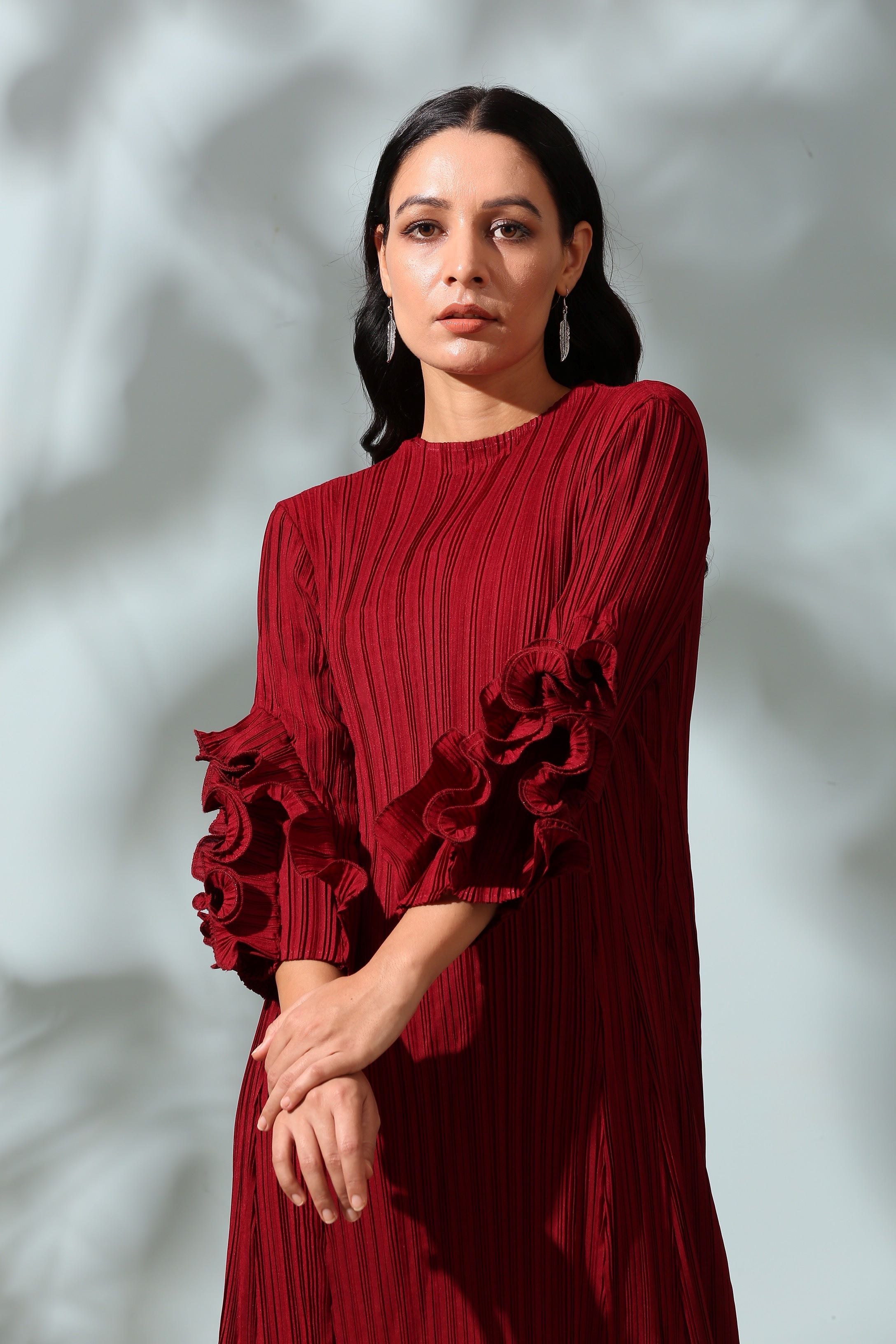 MAROON FRILL EDGE DRESS