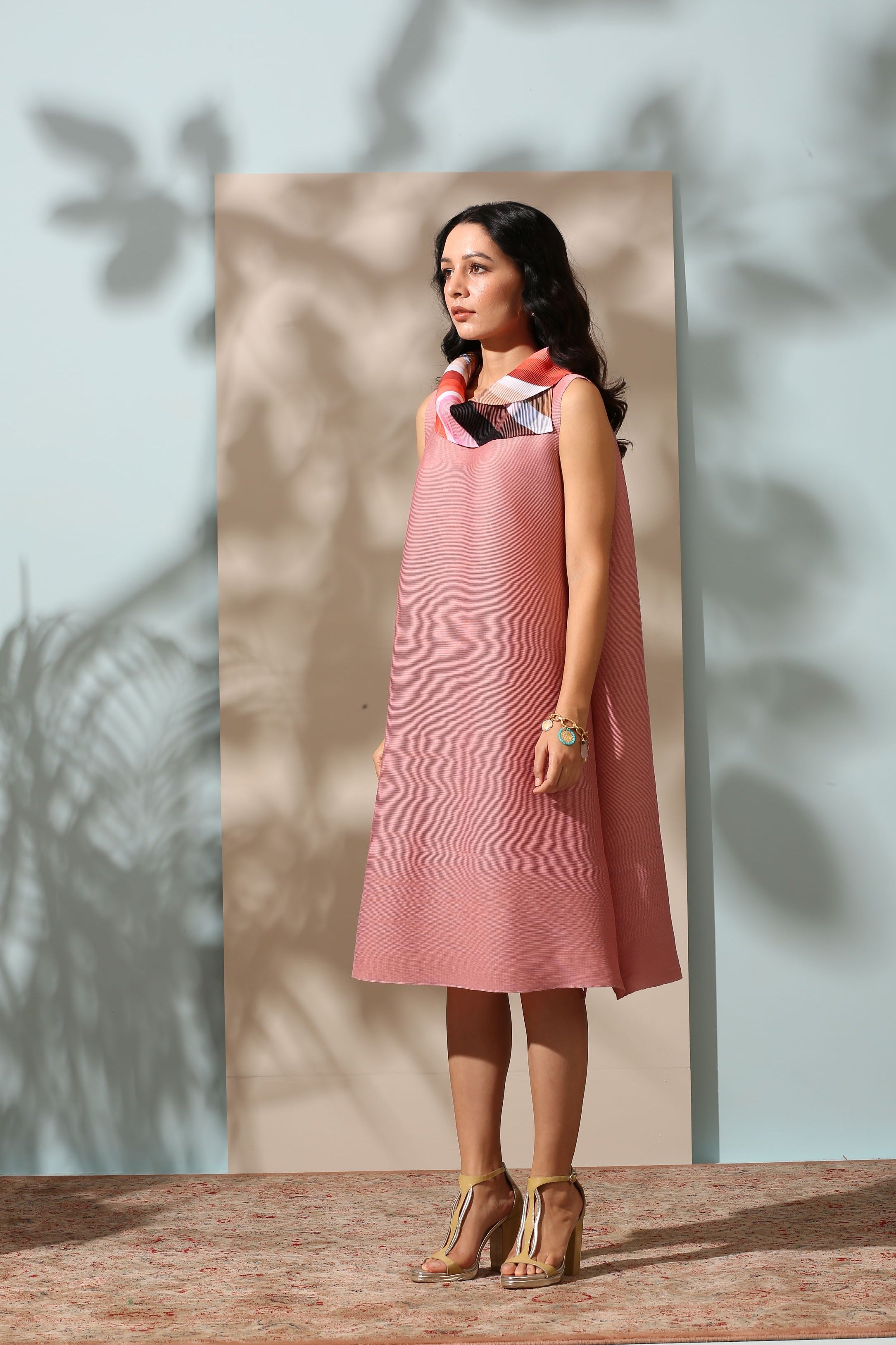 PINK PRINTED SCARF NECK DRESS