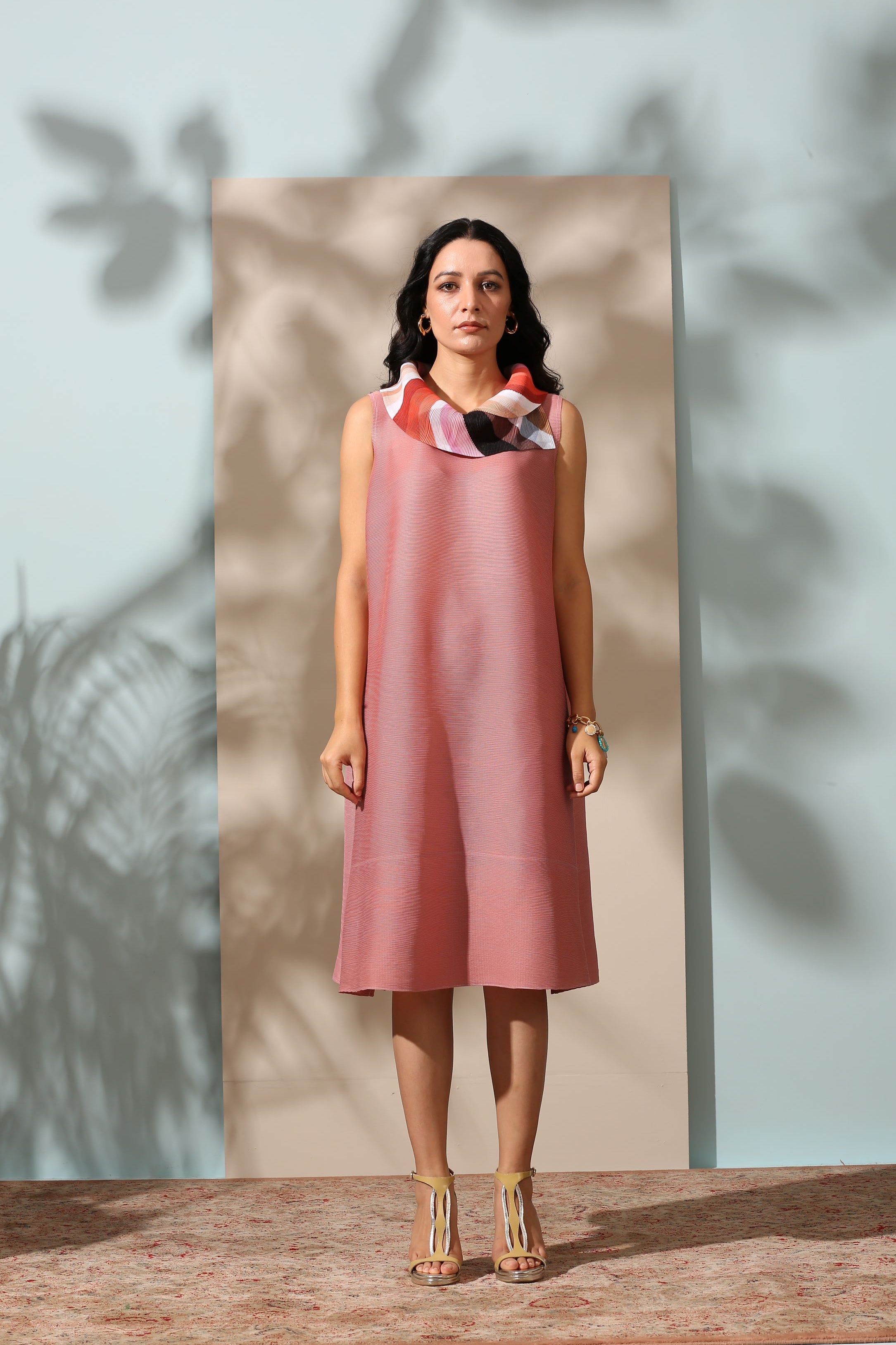 PINK PRINTED SCARF NECK DRESS