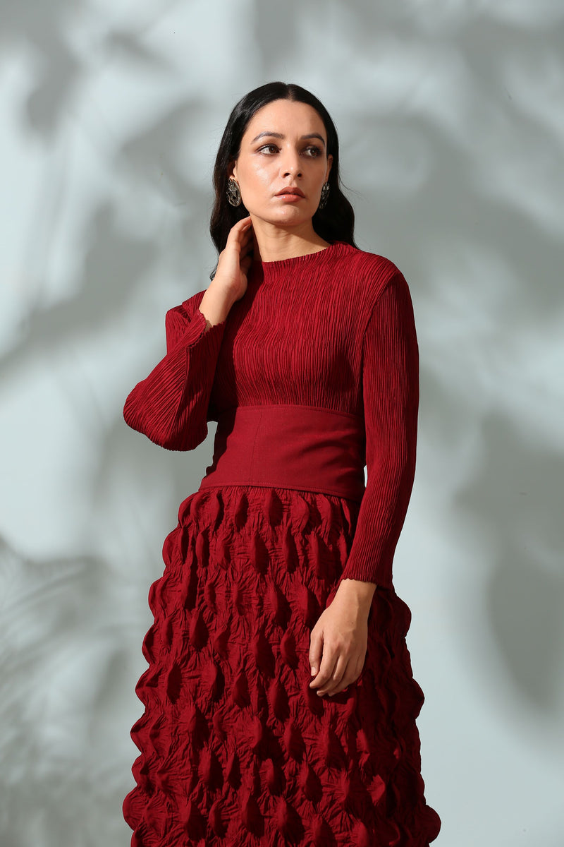 MAROON CRUSHED DRESS WITH BELT