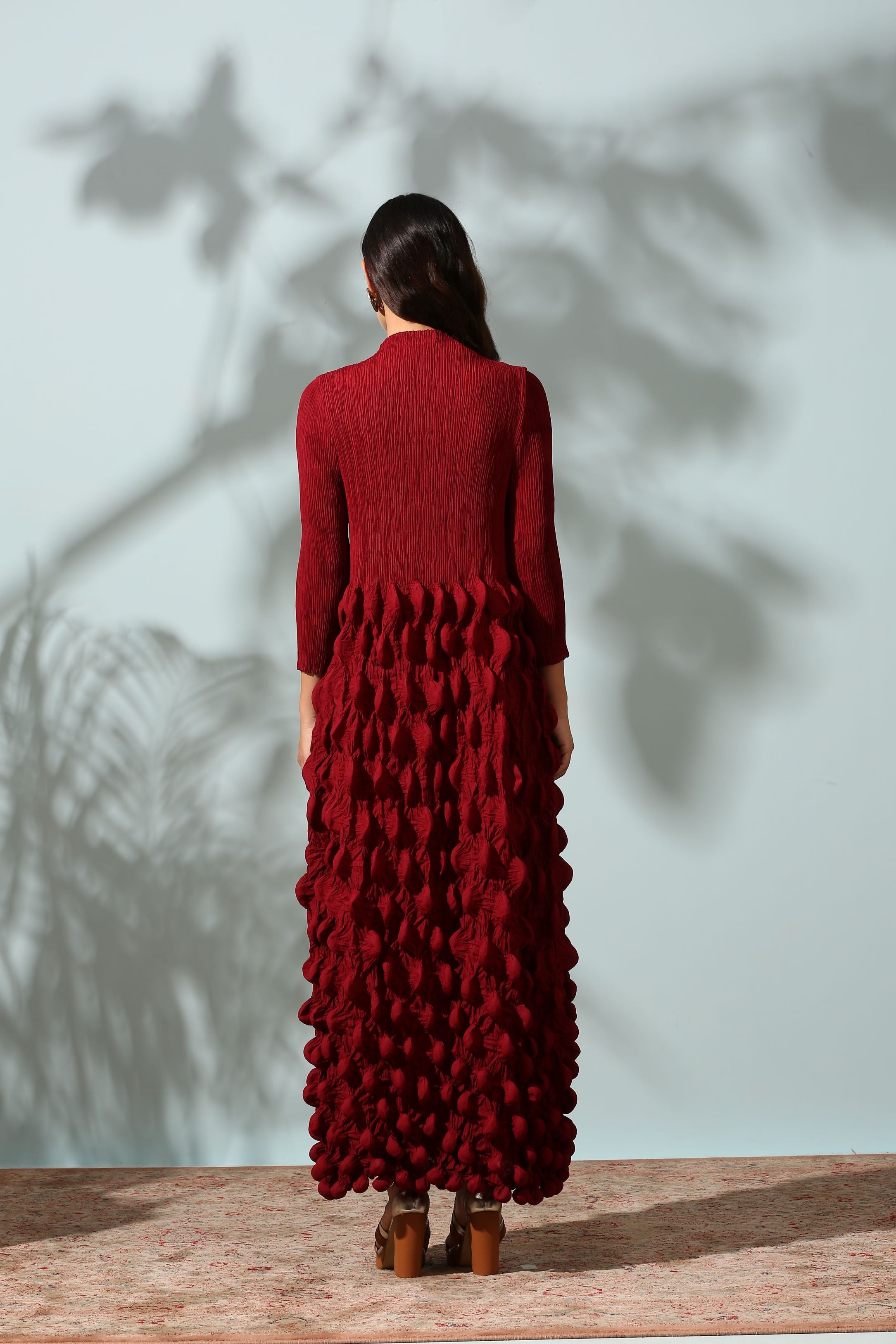 MAROON CRUSHED DRESS WITH BELT