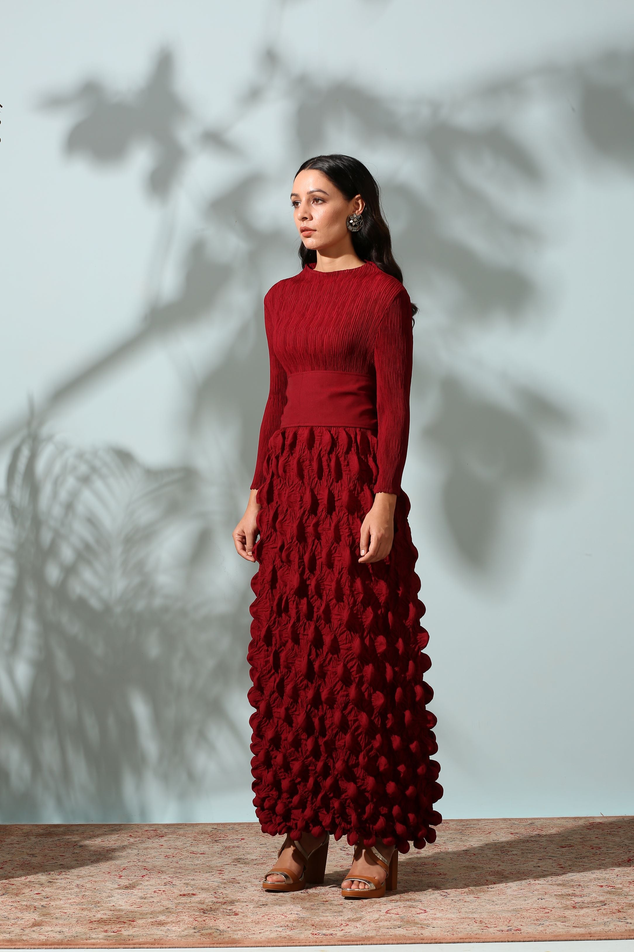 MAROON CRUSHED DRESS WITH BELT