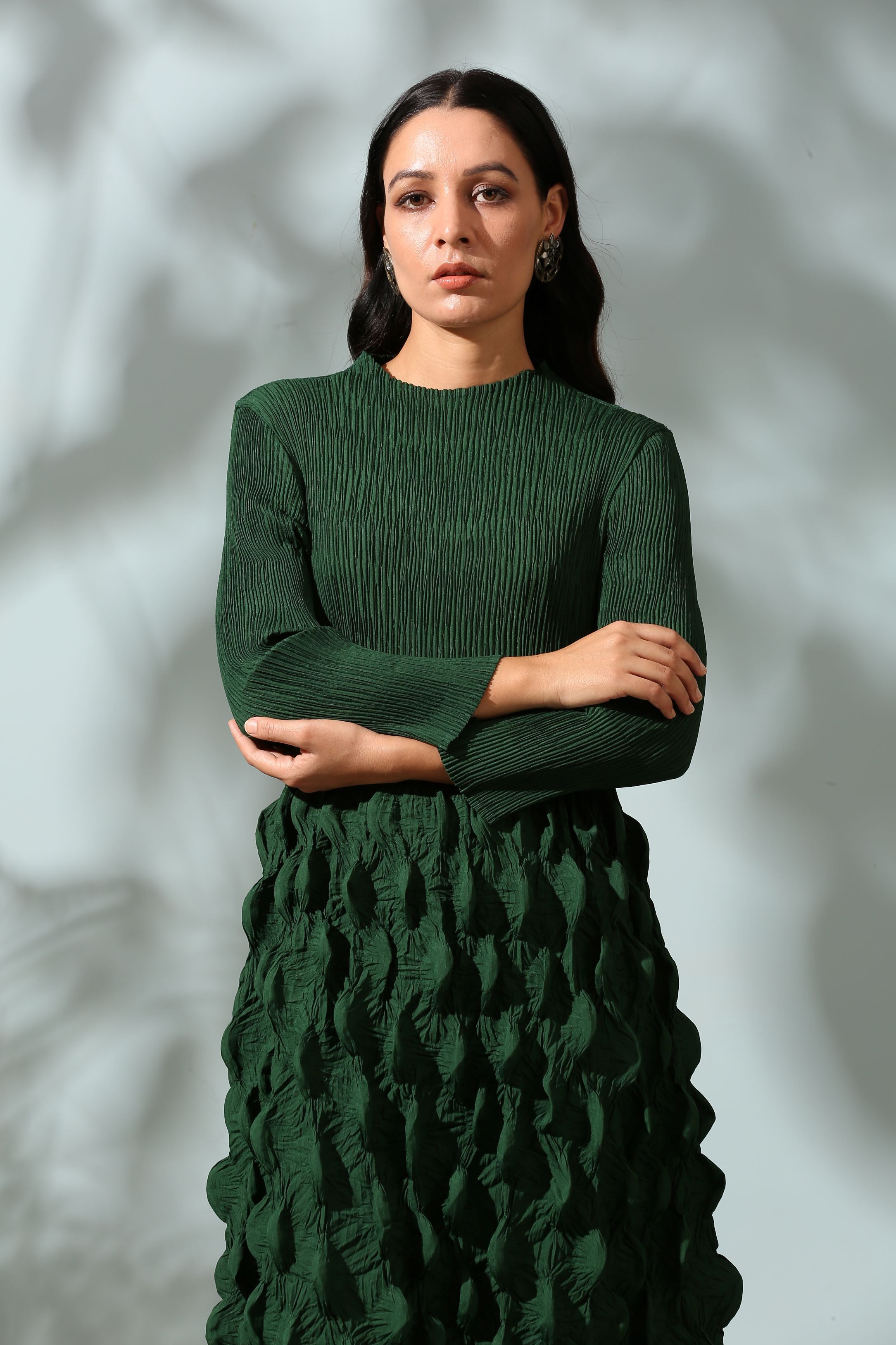 GREEN CRUSHED DRESS WITH BELT