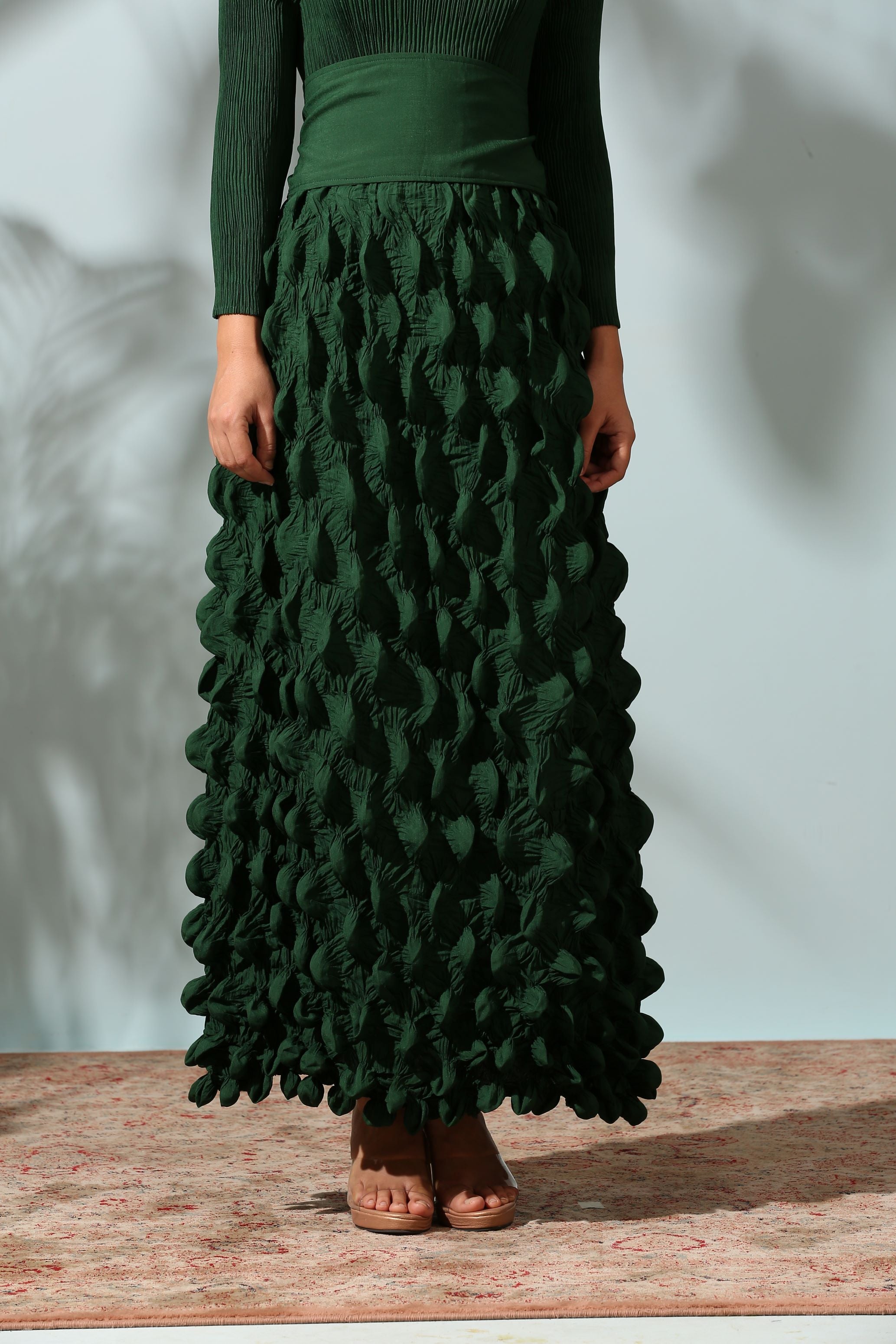 GREEN CRUSHED DRESS WITH BELT