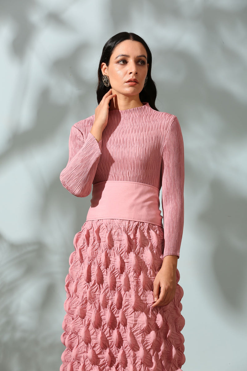 PINK CRUSHED DRESS WITH BELT